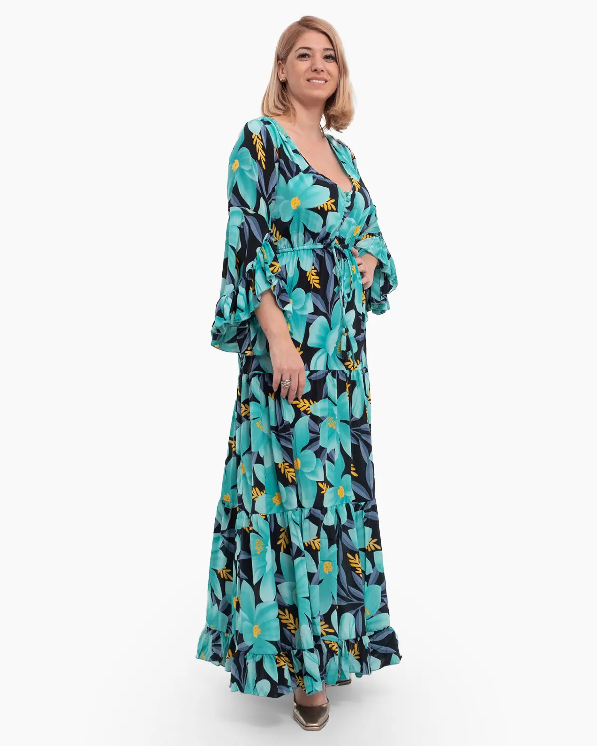 Rochie lungă turcoaz din mătase indiană cu imprimeu floral [2]