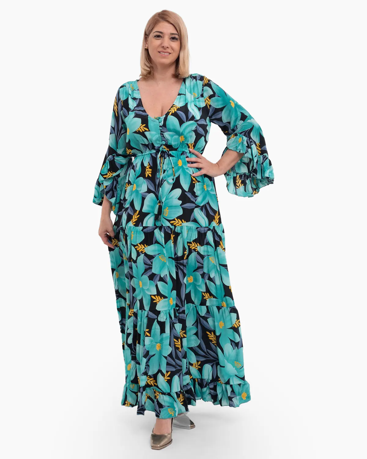 Rochii din Mătase - Rochie lungă turcoaz din mătase indiană cu imprimeu floral