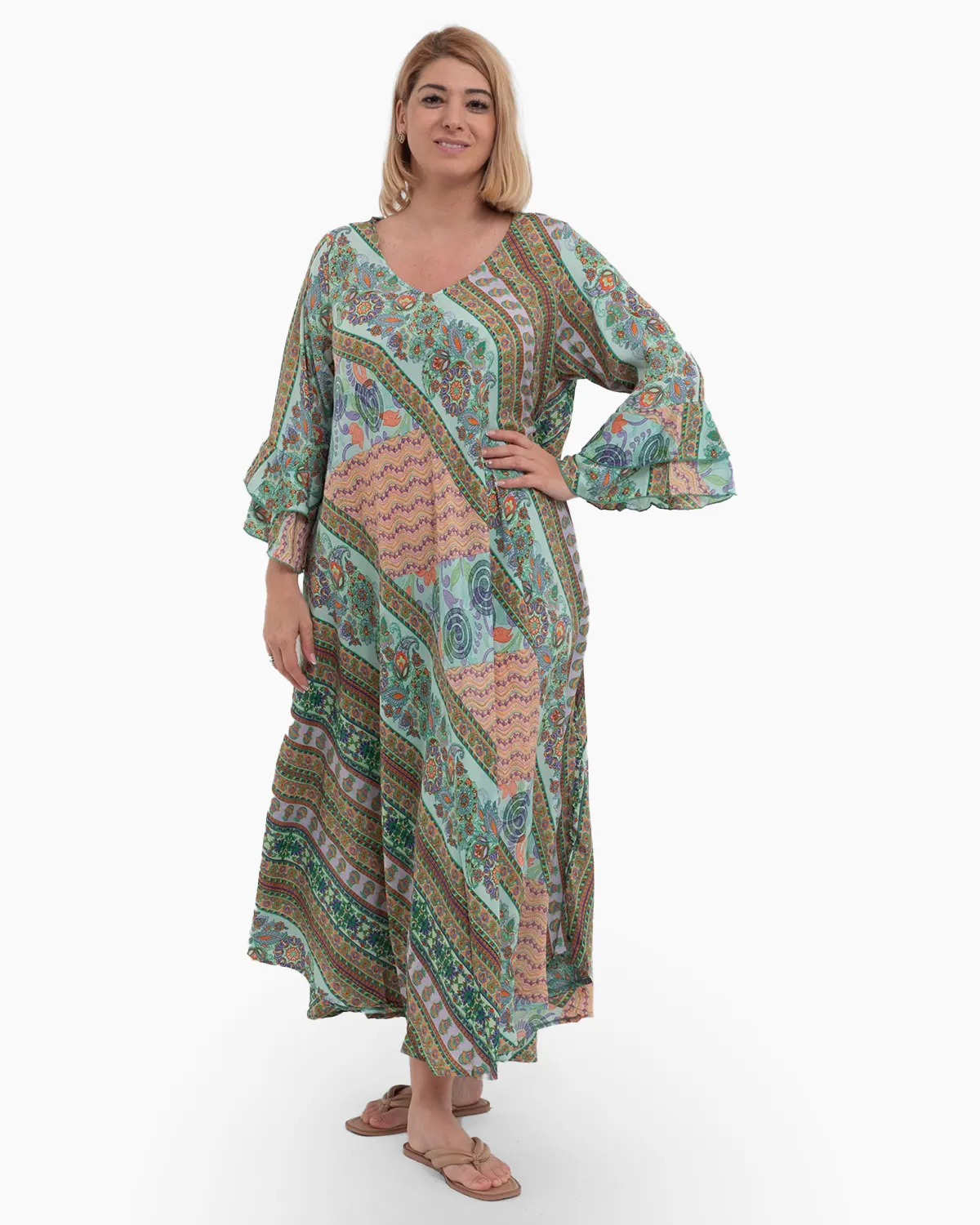 Rochii din Mătase - Rochie lungă verde cu croială largă și volane la mâneci