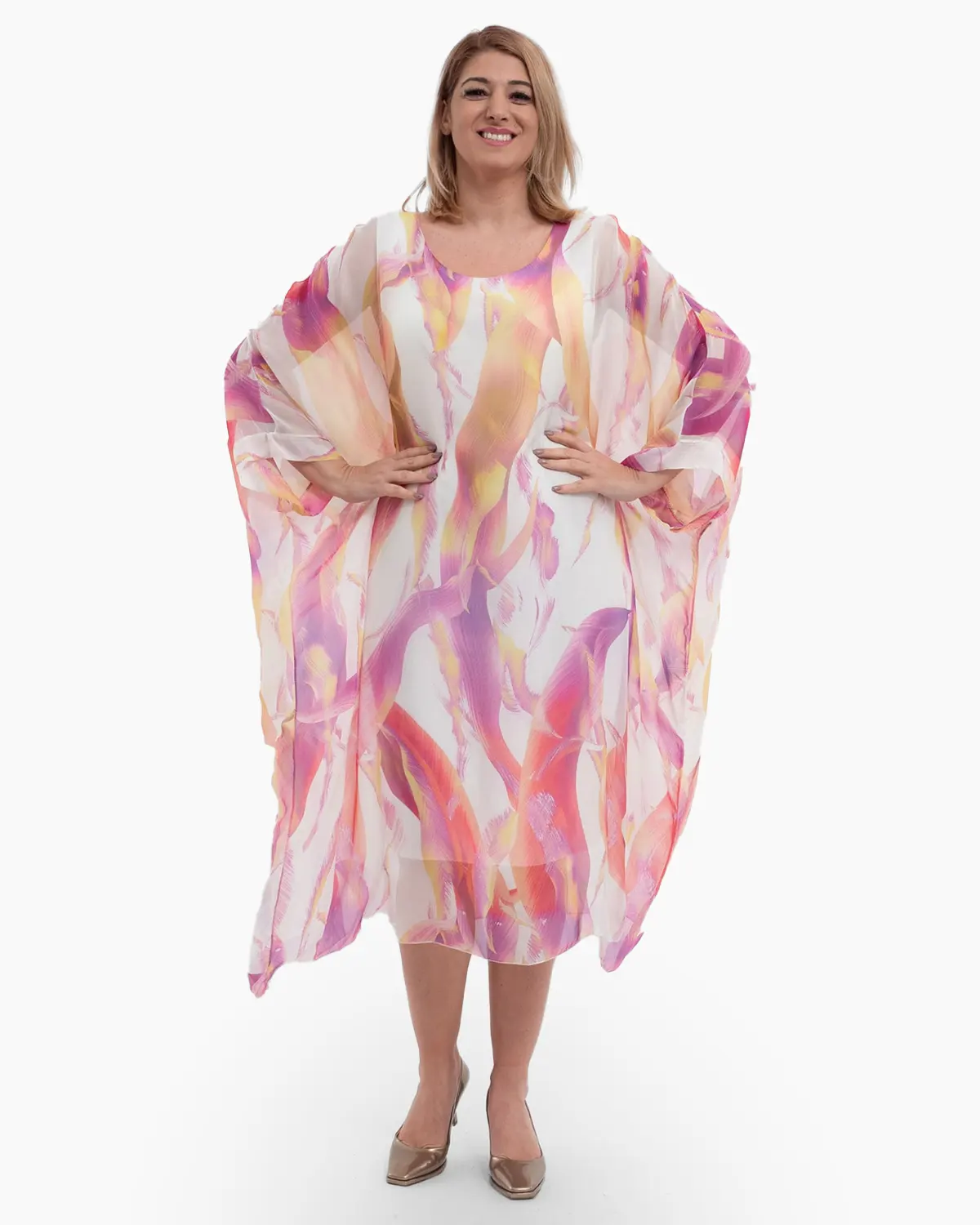 Rochii din Vâscoză - Rochie matase alba, tip caftan, cu imprimeu abstract violet-ciclam