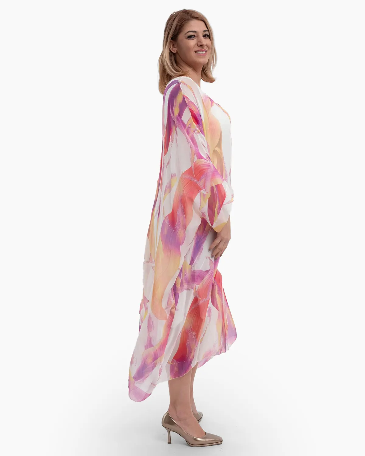 Rochie matase alba, tip caftan, cu imprimeu abstract violet-ciclam [2]