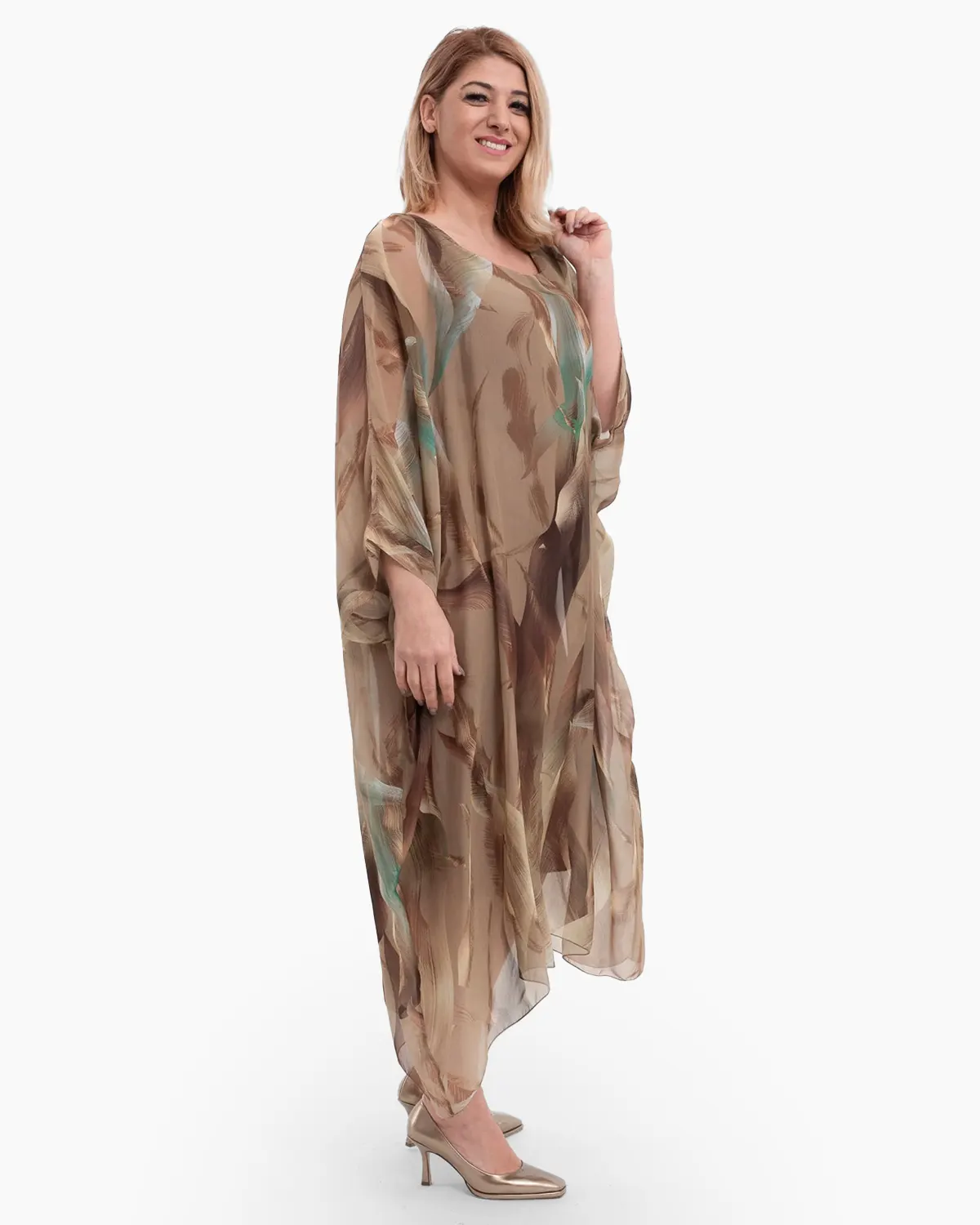 Rochie matase bej, tip caftan, cu imprimeu abstract verde [2]