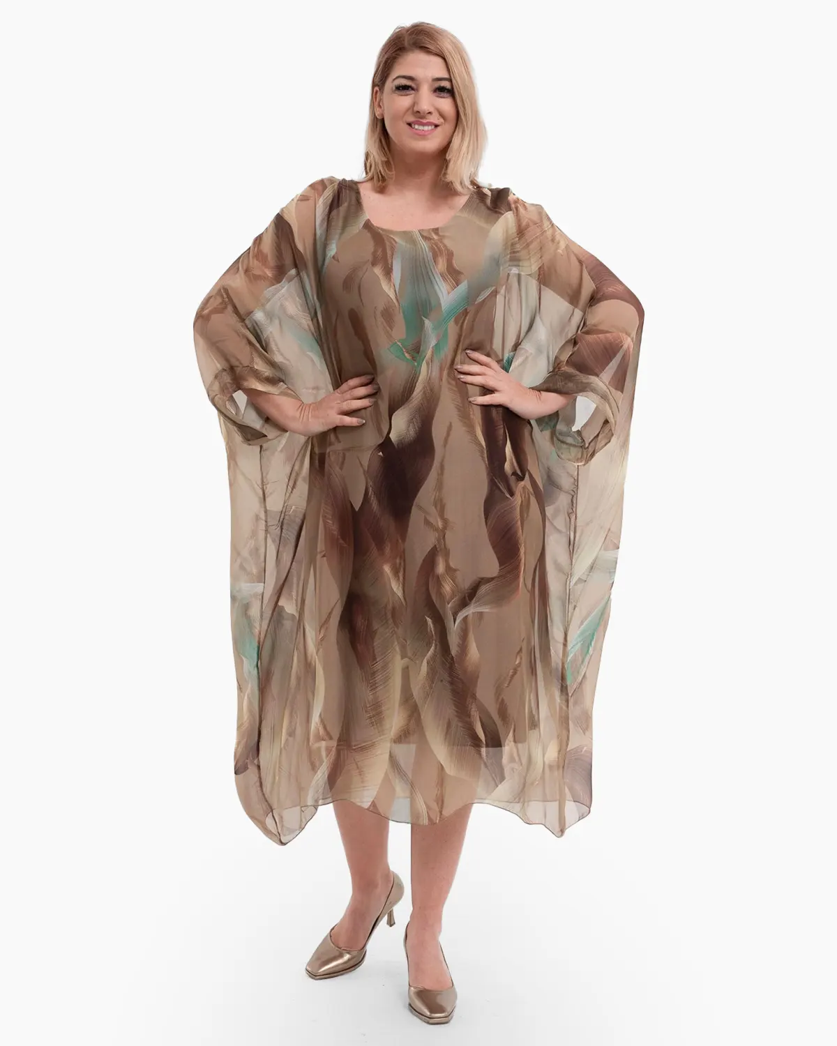 Rochii din Vâscoză - Rochie matase bej, tip caftan, cu imprimeu abstract verde