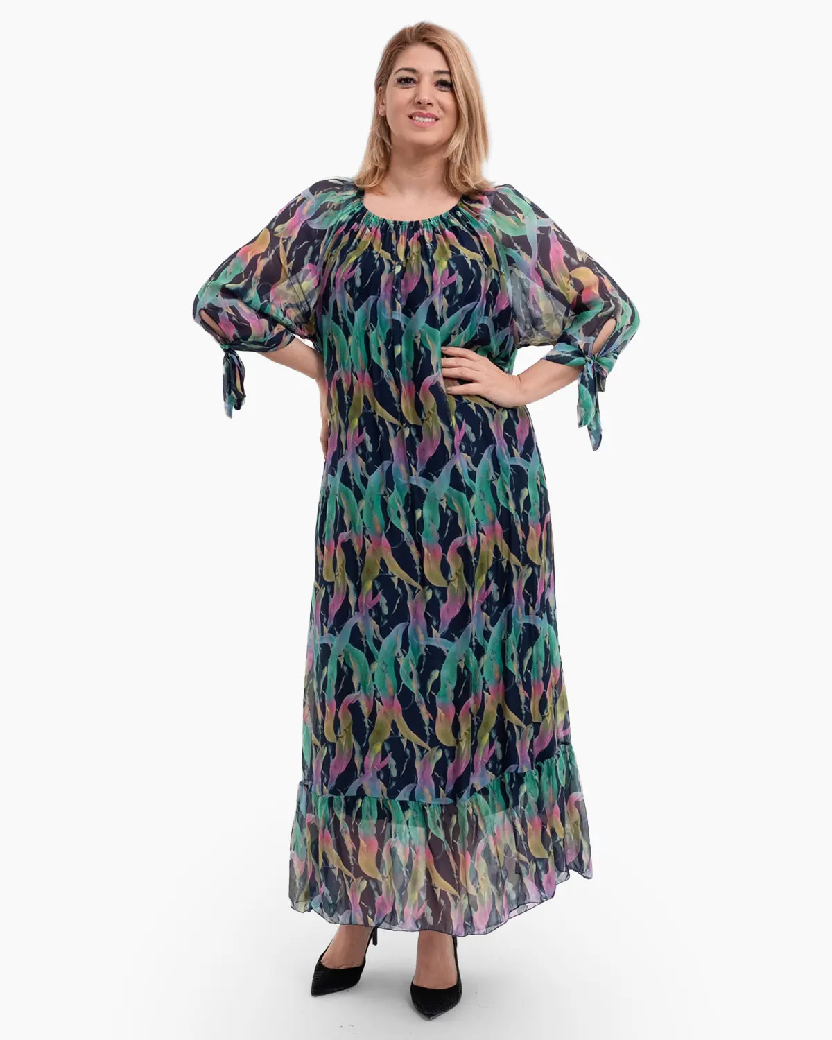 Rochii la Promoție - Rochie matase bleumarin, cu imprimeu abstract verde-galben-ciclam