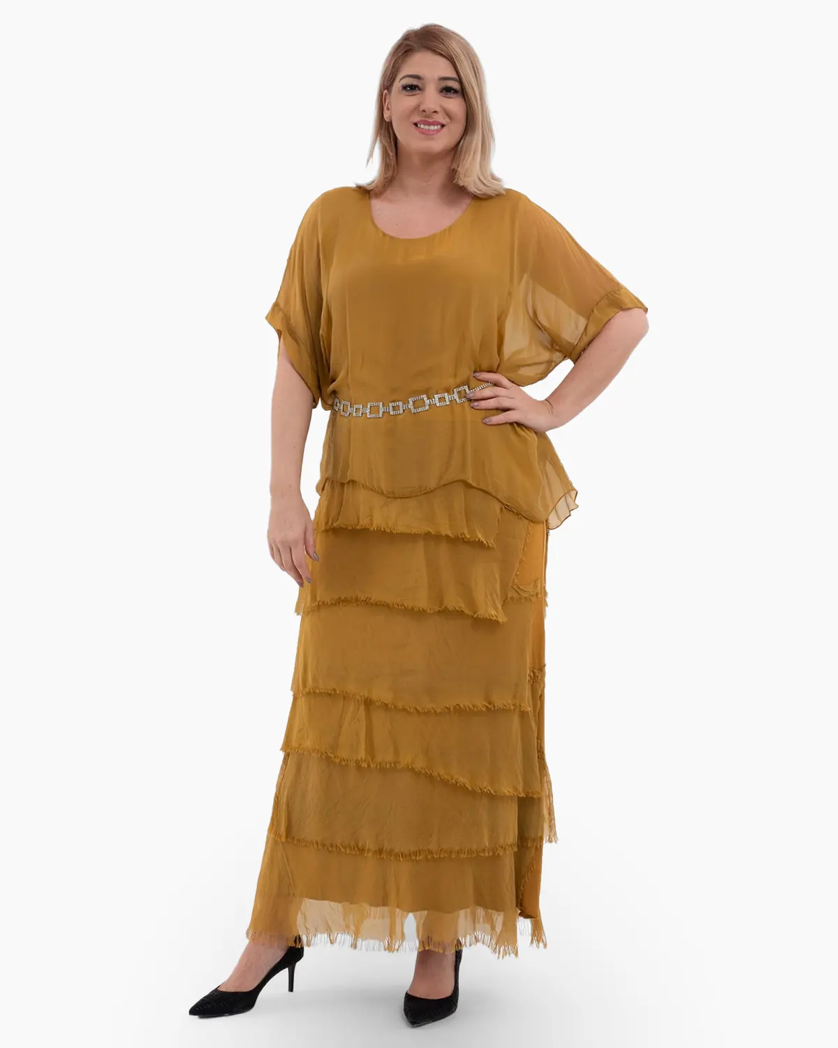 Rochii din Vâscoză - Rochie matase caramel cu volane si un overlay elegant