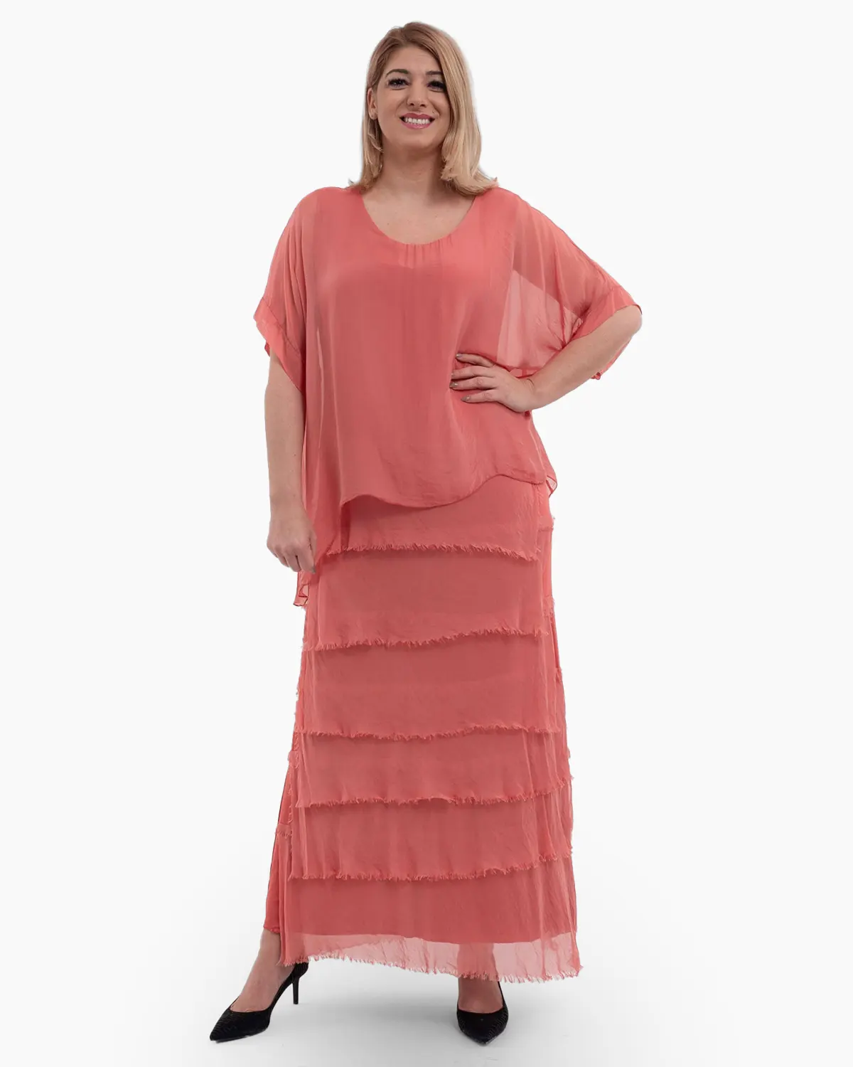 Rochii din Vâscoză - Rochie matase coral cu volane si un overlay elegant
