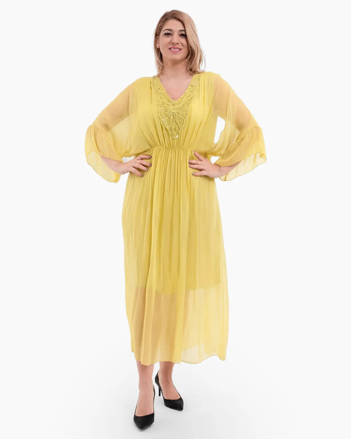 Rochii - Rochie matase galbena cu detalii decorative