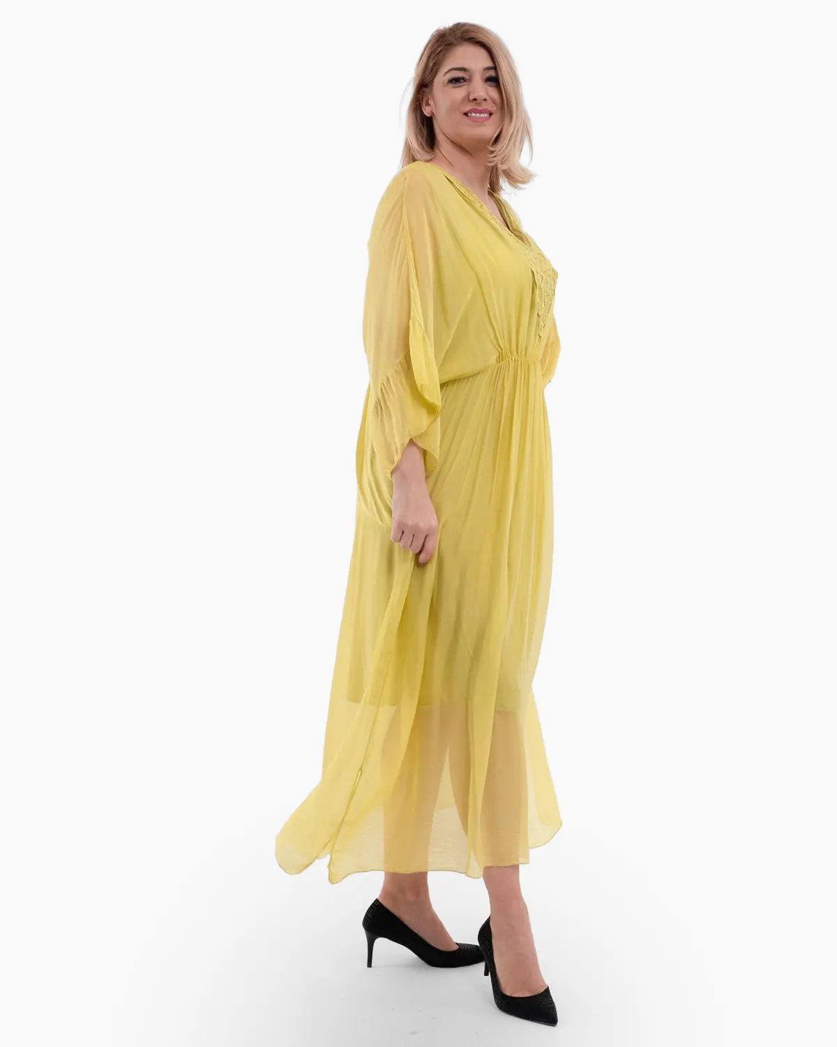 Rochie matase galbena cu detalii decorative [2]