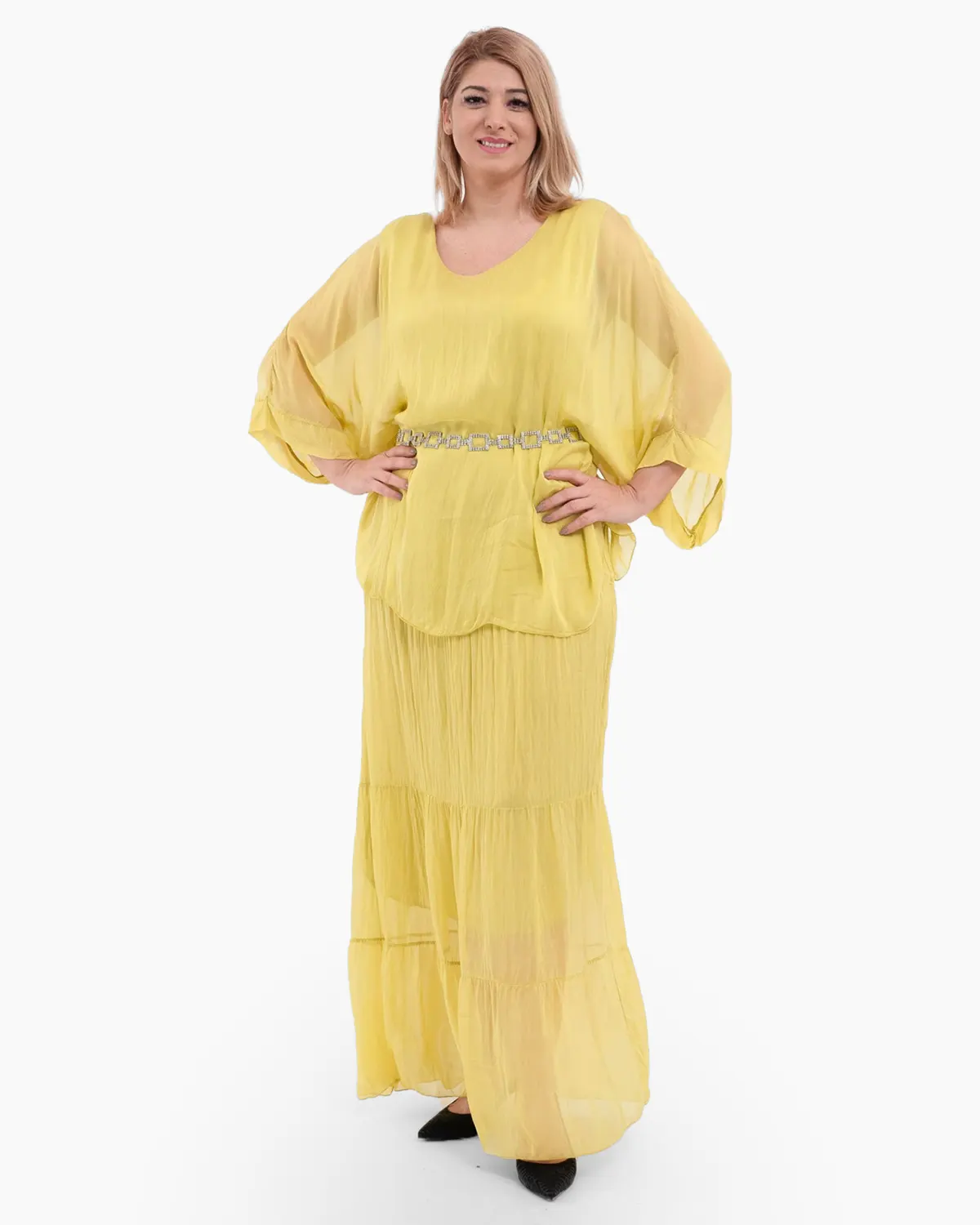 Rochii din Vâscoză - Rochie matase galbena cu un overlay elegant