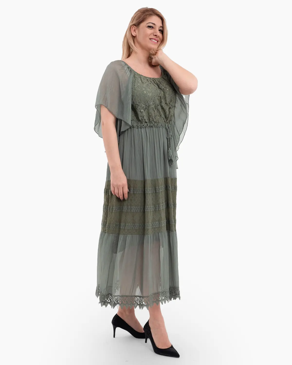 Rochie matase kaki, cu broderie fina si snur in talie [2]