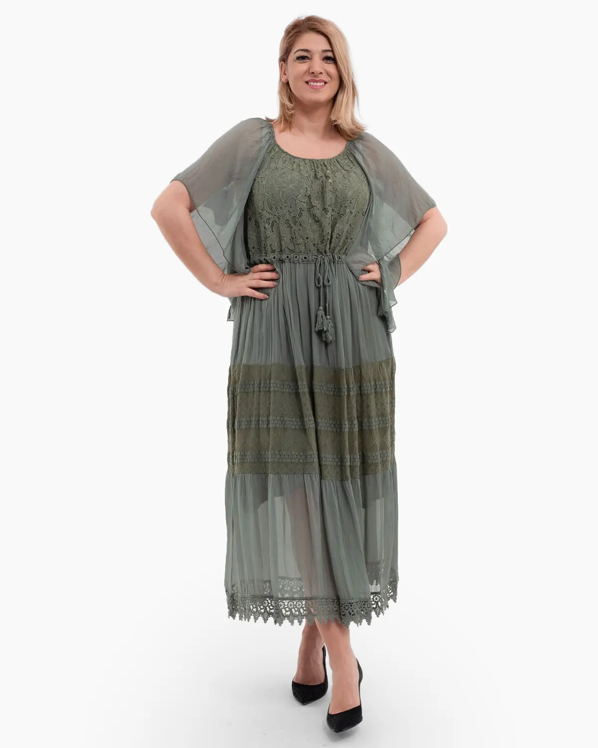 Mărimi mari - Rochie matase kaki, cu broderie fina si snur in talie