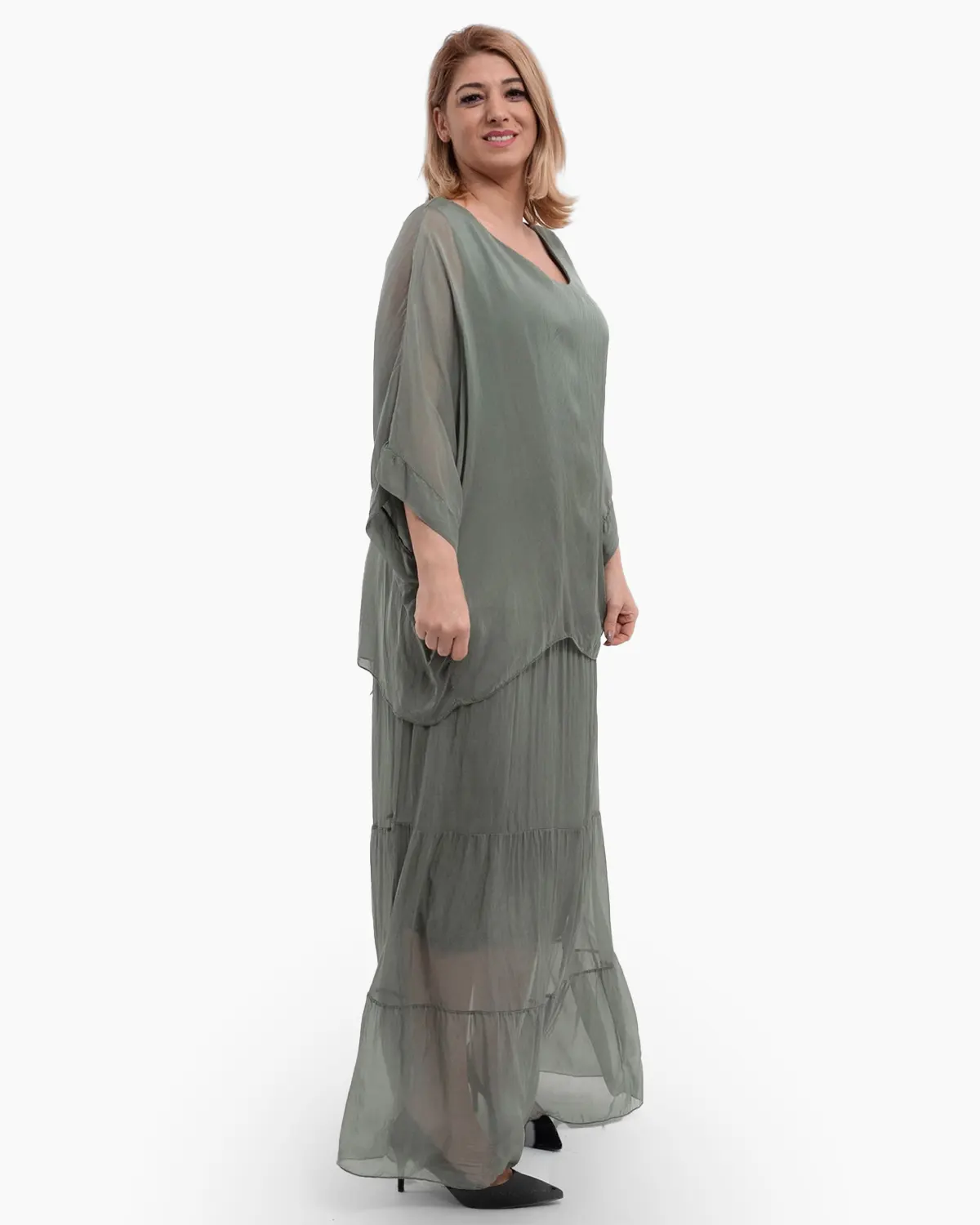 Rochie matase kaki cu un overlay elegant [3]