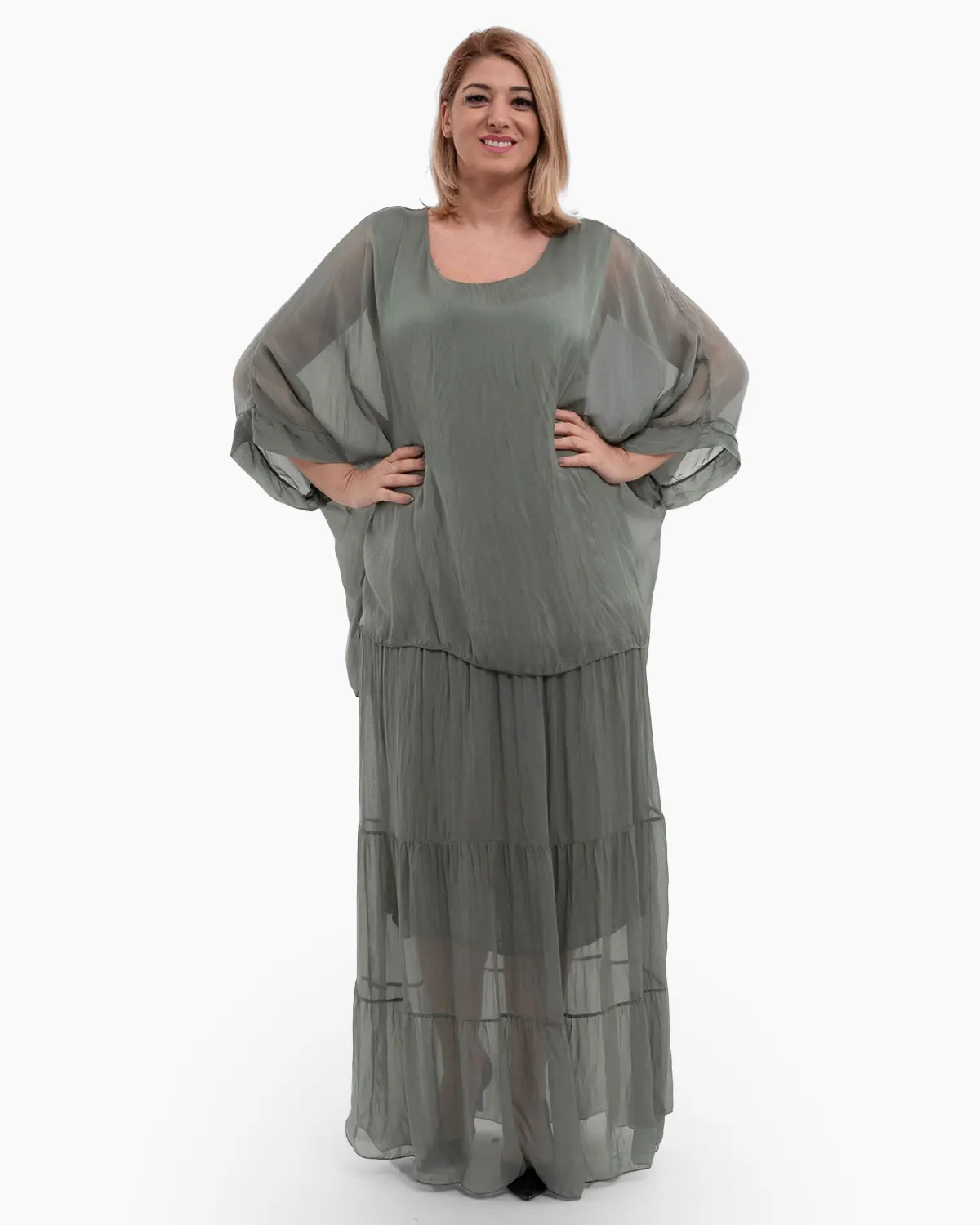 Rochii din Vâscoză - Rochie matase kaki cu un overlay elegant