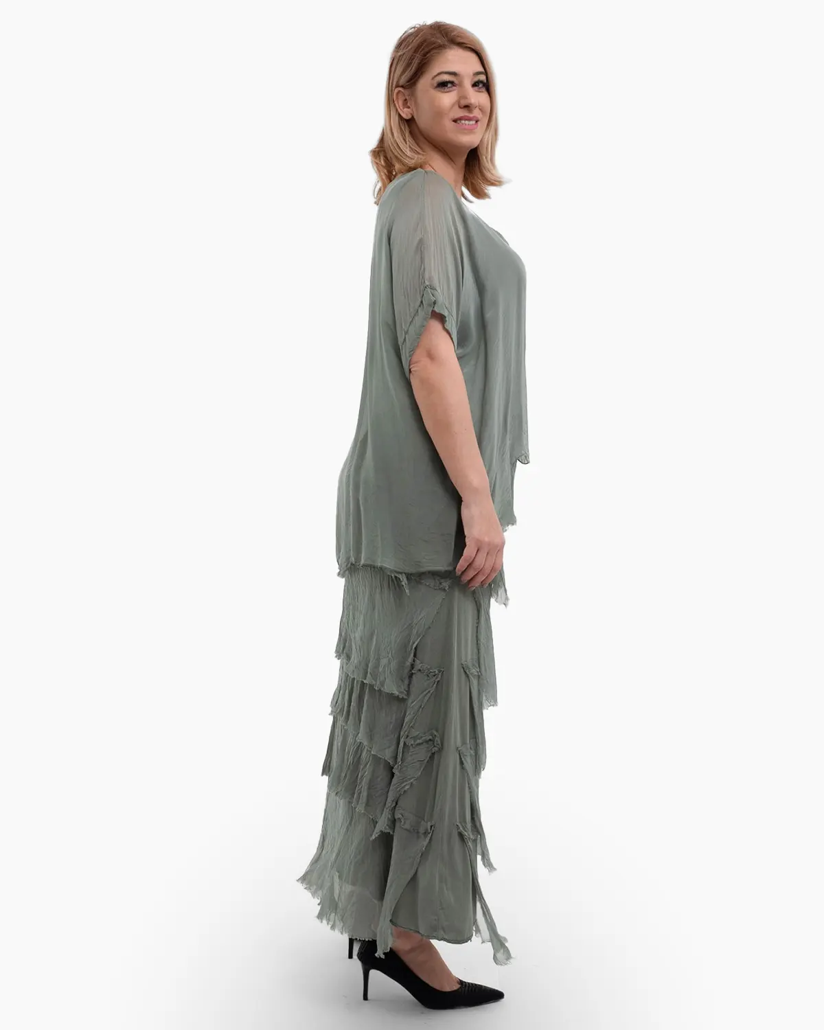 Rochie matase kaki cu volane si un overlay elegant [2]