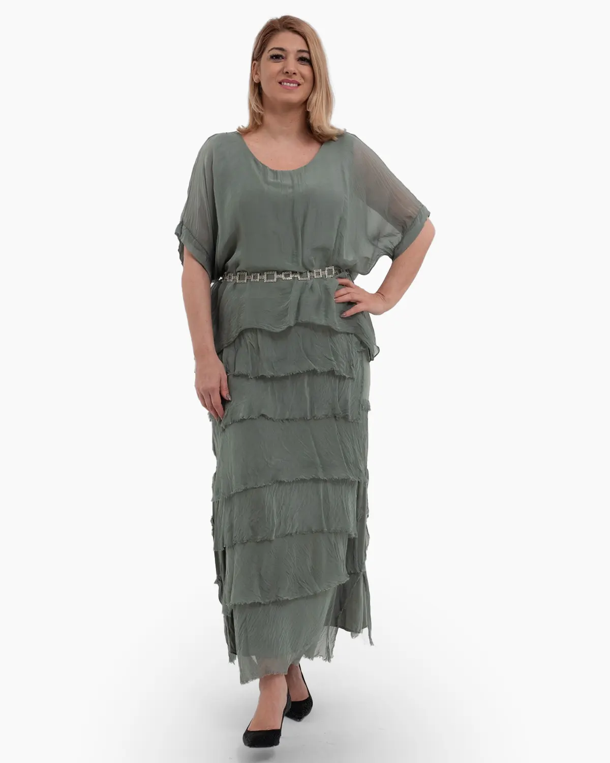 Rochii din Vâscoză - Rochie matase kaki cu volane si un overlay elegant