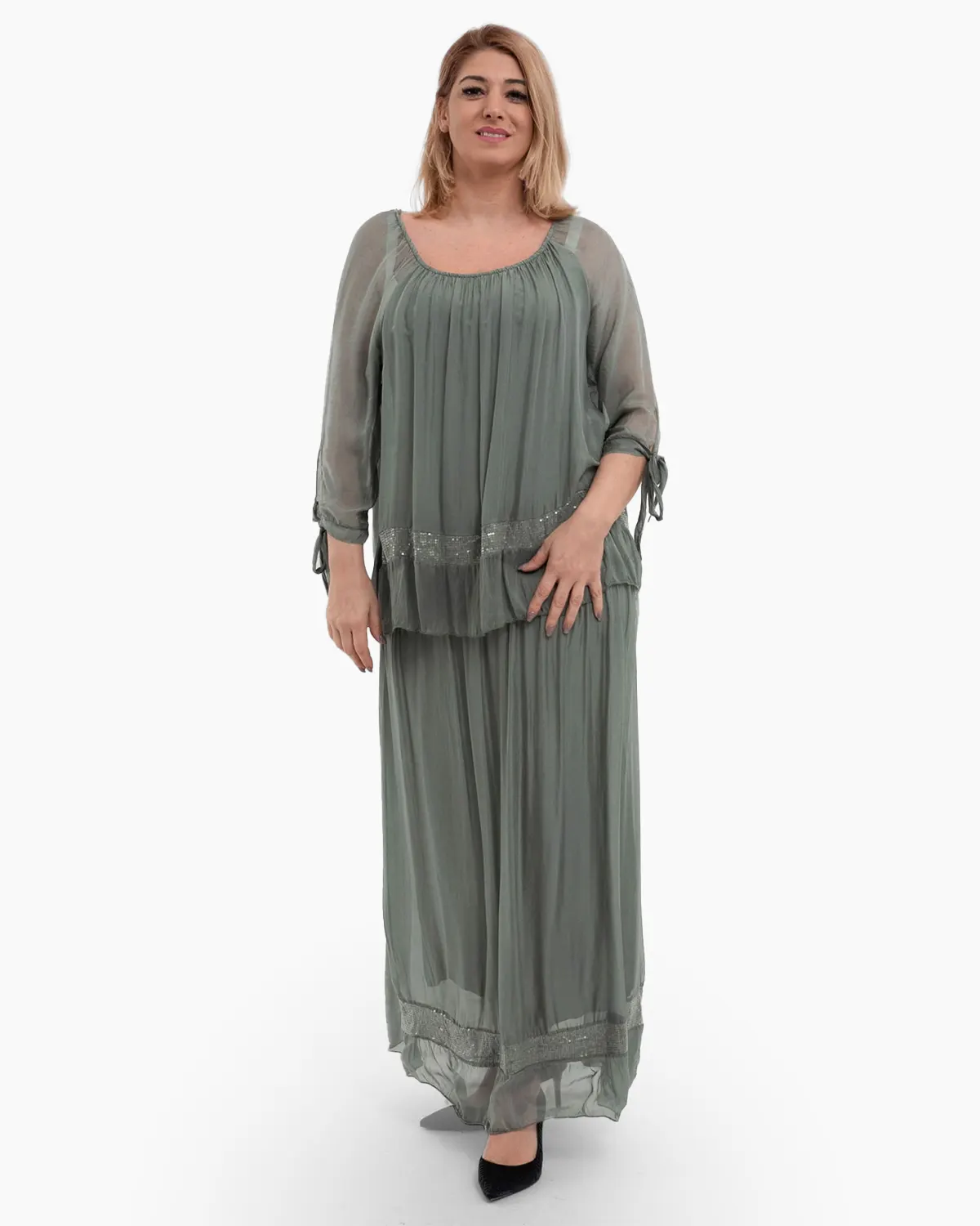 Rochii din Vâscoză - Rochie matase kaki din tesatura vaporosa si paiete discrete