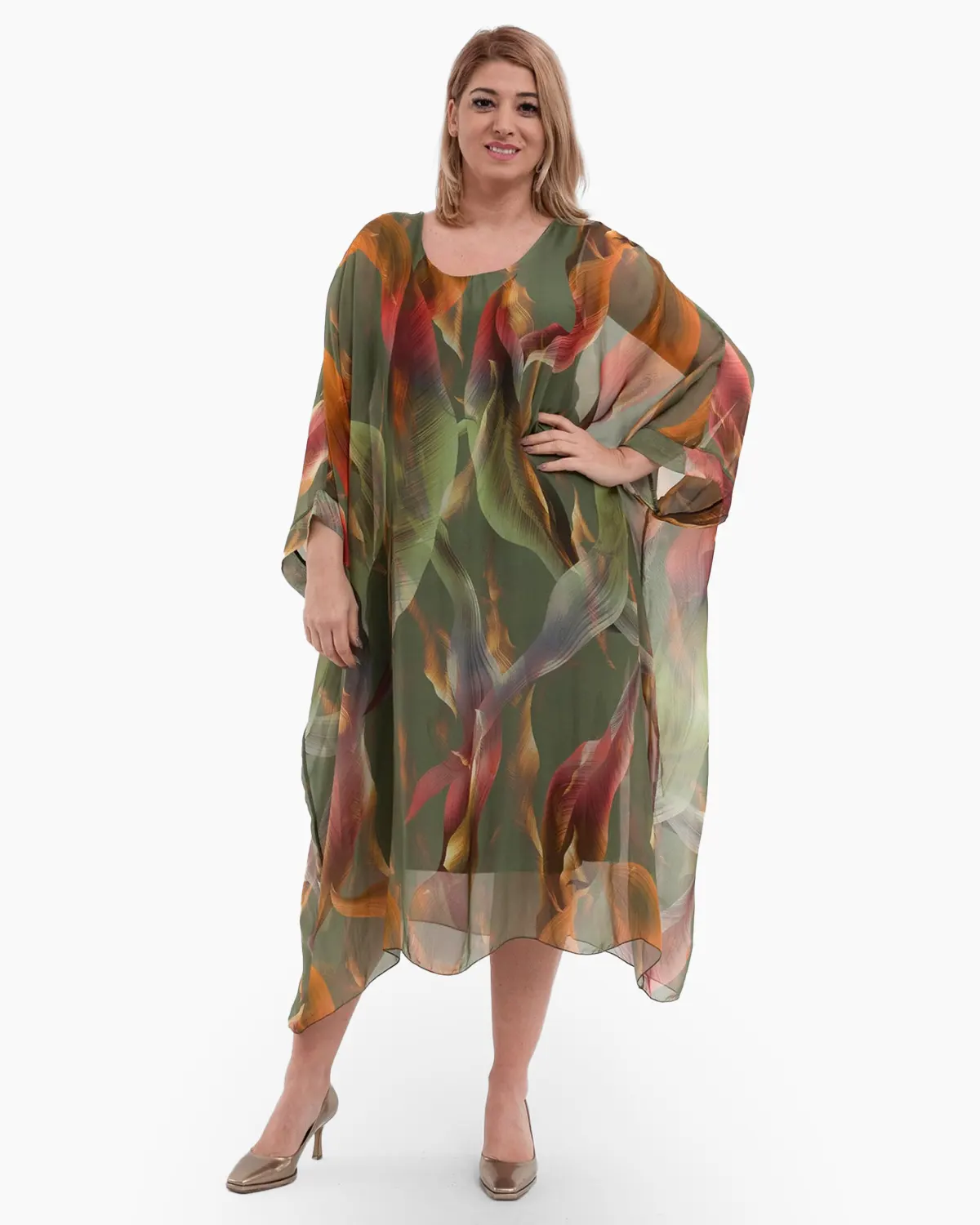 Rochii din Vâscoză - Rochie matase kaki, tip caftan, cu imprimeu abstract orange