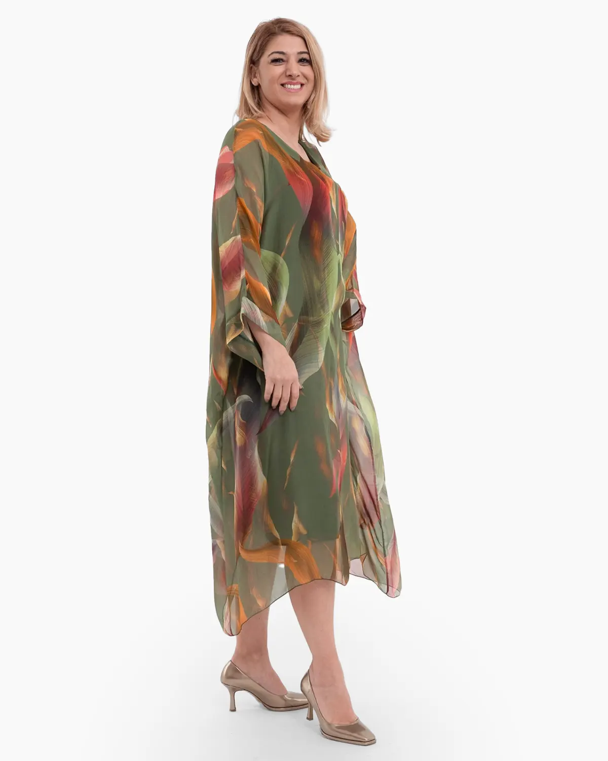Rochie matase kaki, tip caftan, cu imprimeu abstract orange [2]