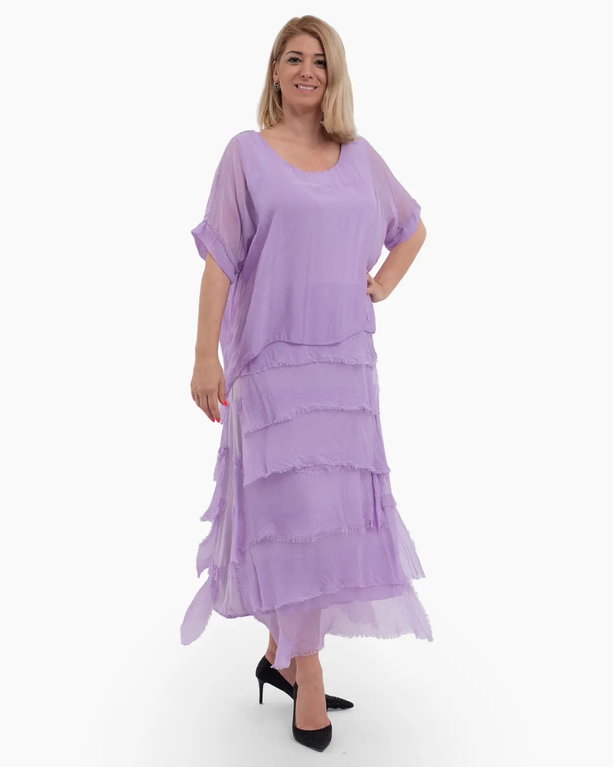Rochie matase lila cu volane si un overlay elegant [3]
