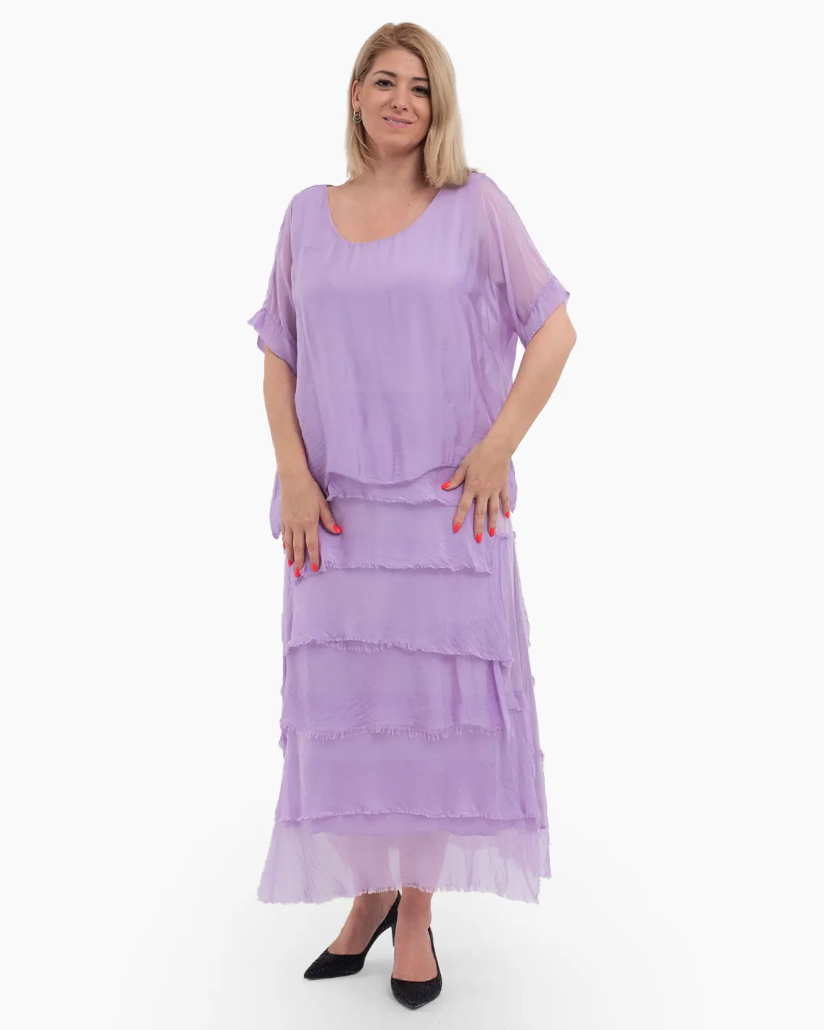 Rochii din Vâscoză - Rochie matase lila cu volane si un overlay elegant