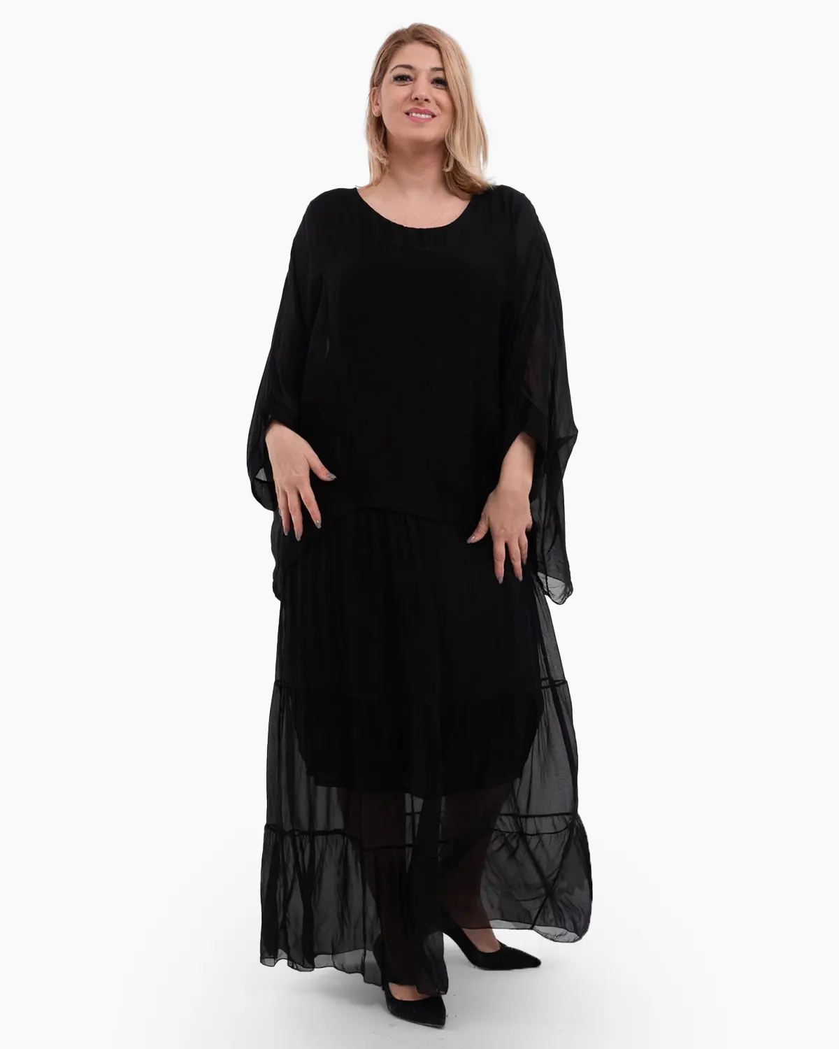 Rochie matase neagra cu un overlay elegant [1]