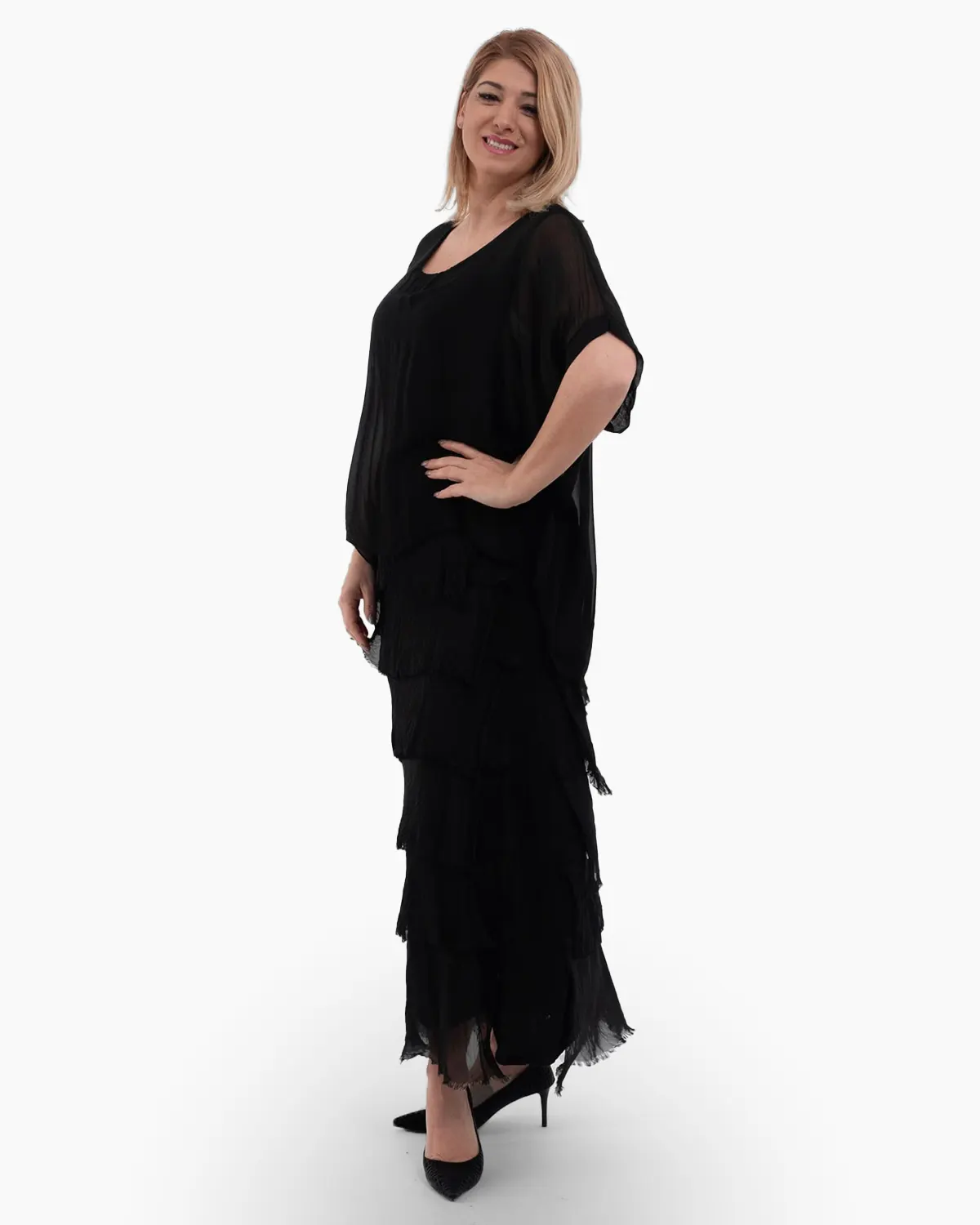 Rochie matase neagra cu volane si un overlay elegant [1]