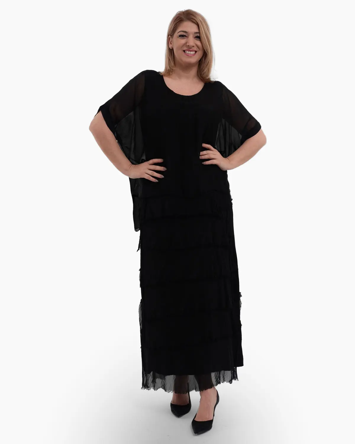 Rochii din Vâscoză - Rochie matase neagra cu volane si un overlay elegant