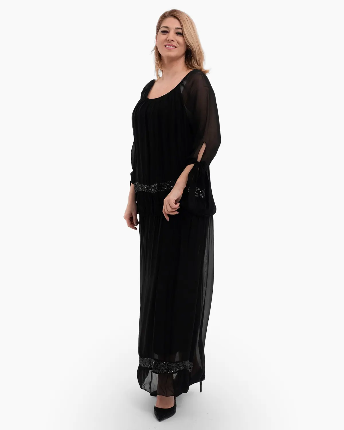Rochii - Rochie matase neagra din tesatura vaporosa si paiete discrete