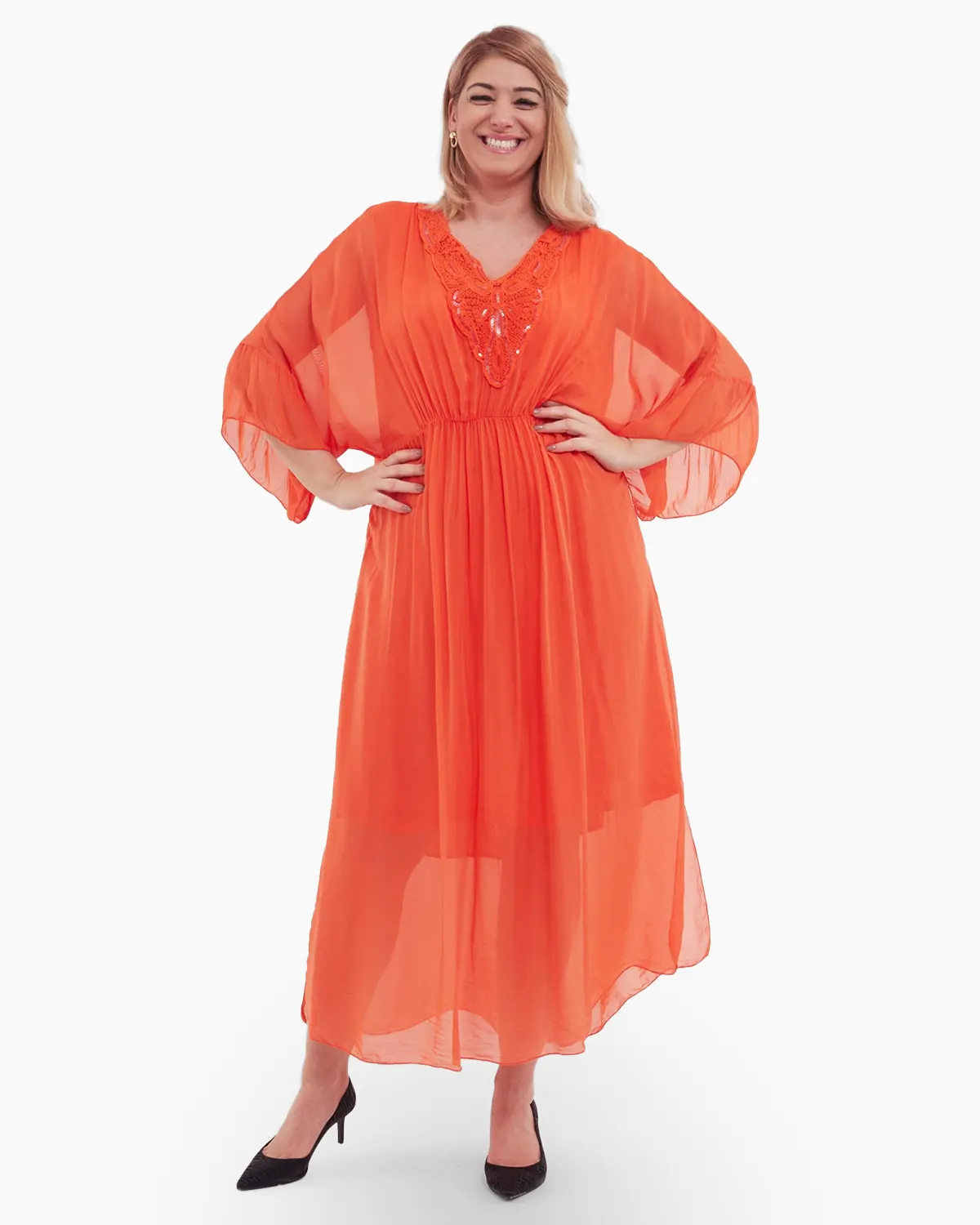 Rochii la Promoție - Rochie matase, portocaliu vibrant, accesorizata cu detalii brodate si paiete