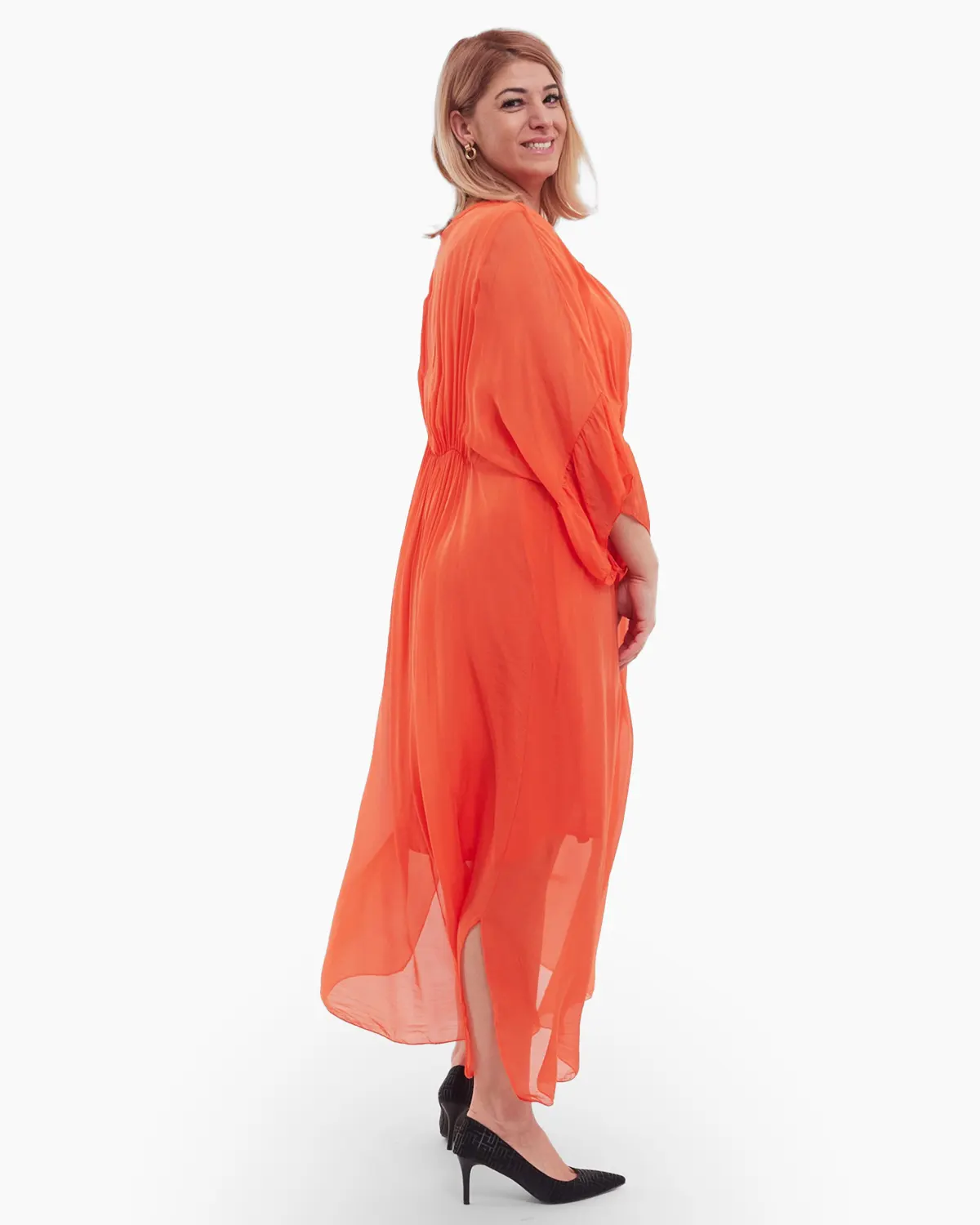 Rochie matase, portocaliu vibrant, accesorizata cu detalii brodate si paiete [1]