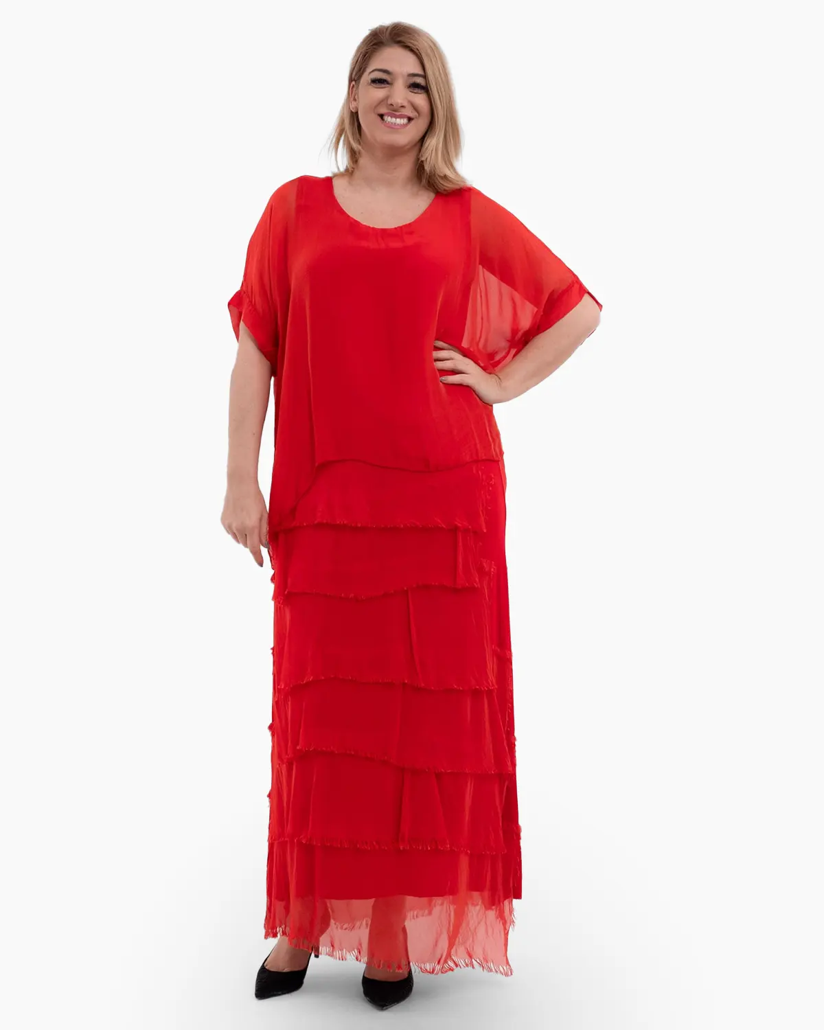 Rochii din Vâscoză - Rochie matase rosie cu volane si un overlay elegant