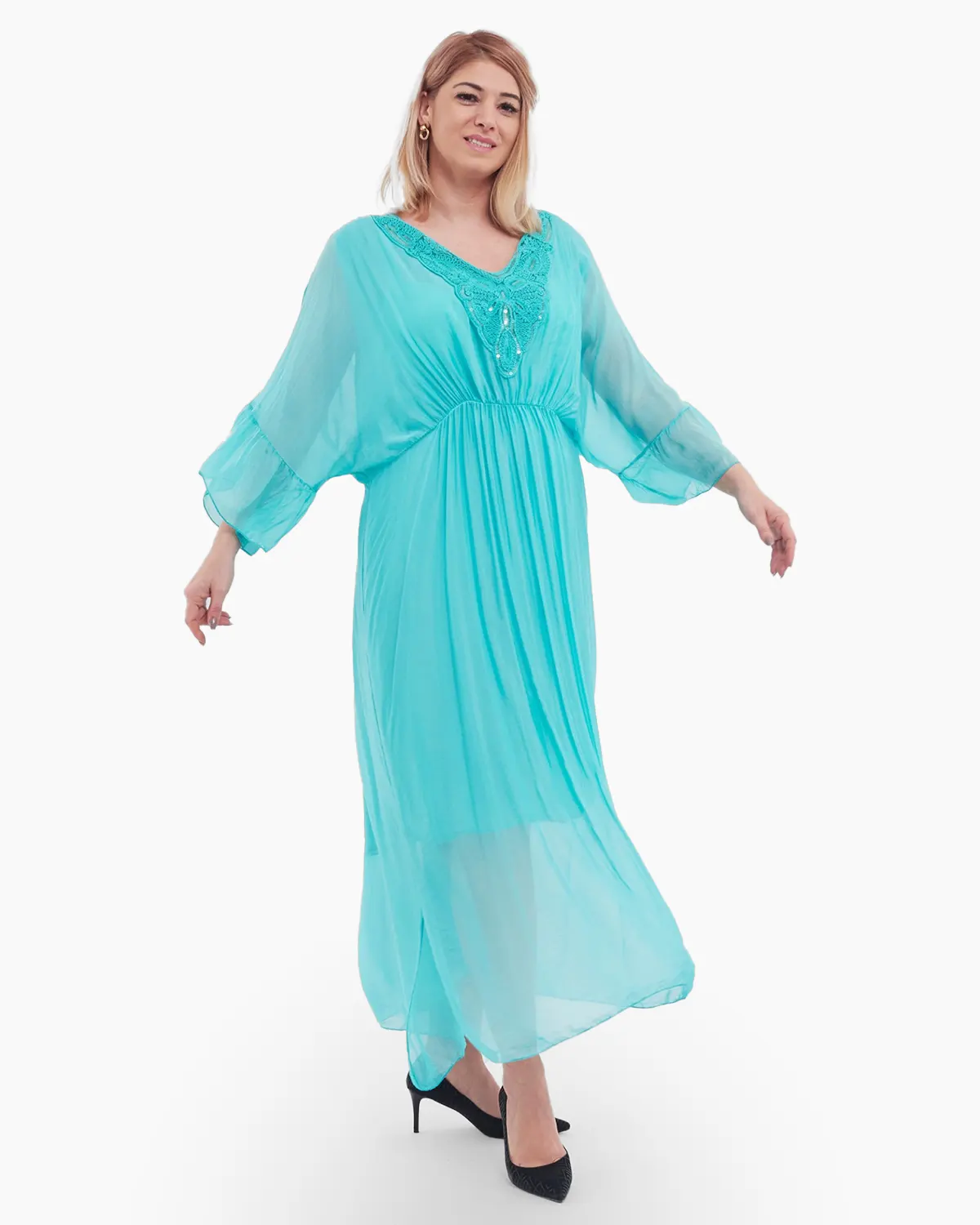 Rochie matase, turcoaz deschis, accesorizata cu detalii brodate si paiete [2]