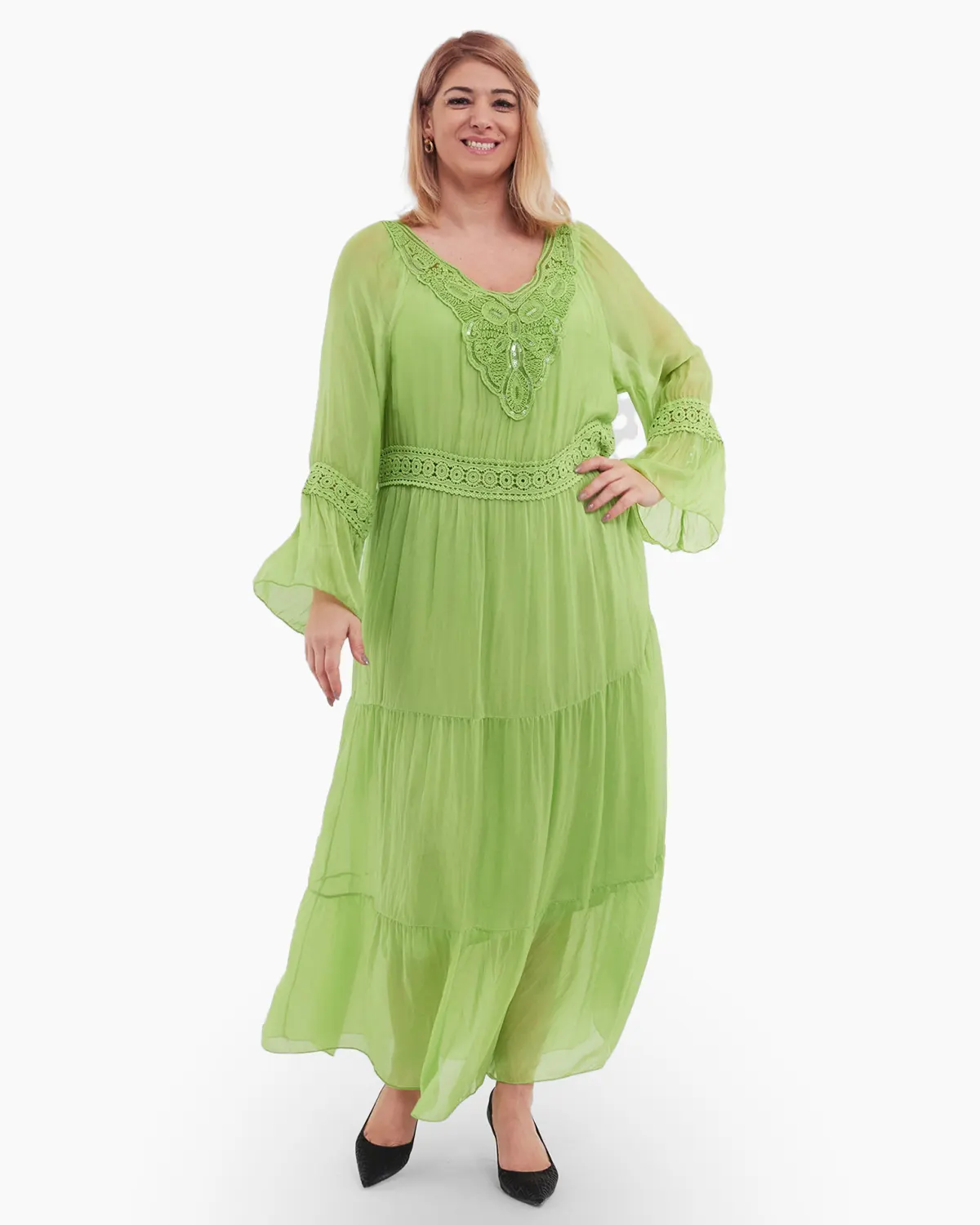 Rochii la Promoție - Rochie matase, verde crud, accesorizata cu detalii brodate si paiete
