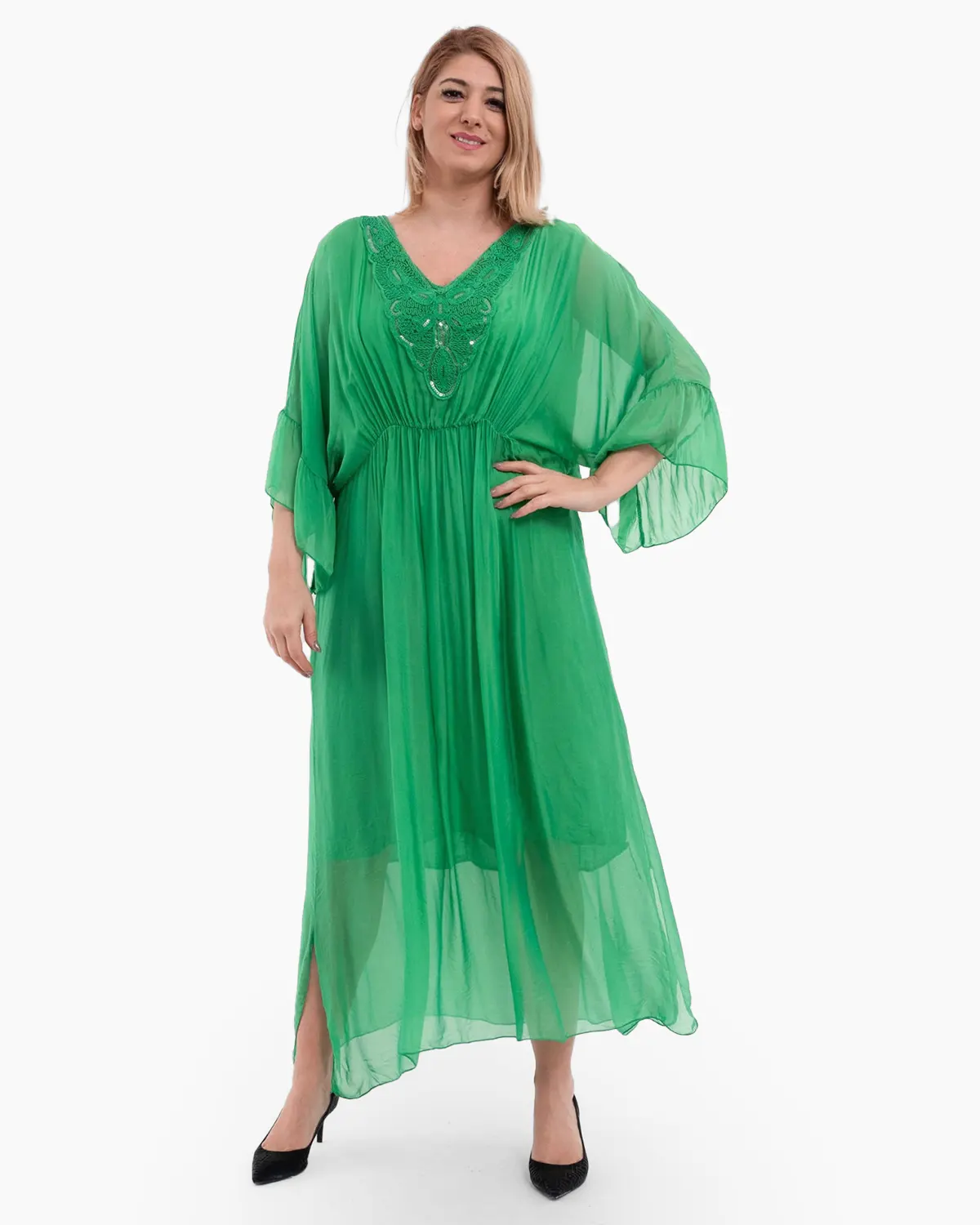 Rochii - Rochie matase verde cu detalii decorative