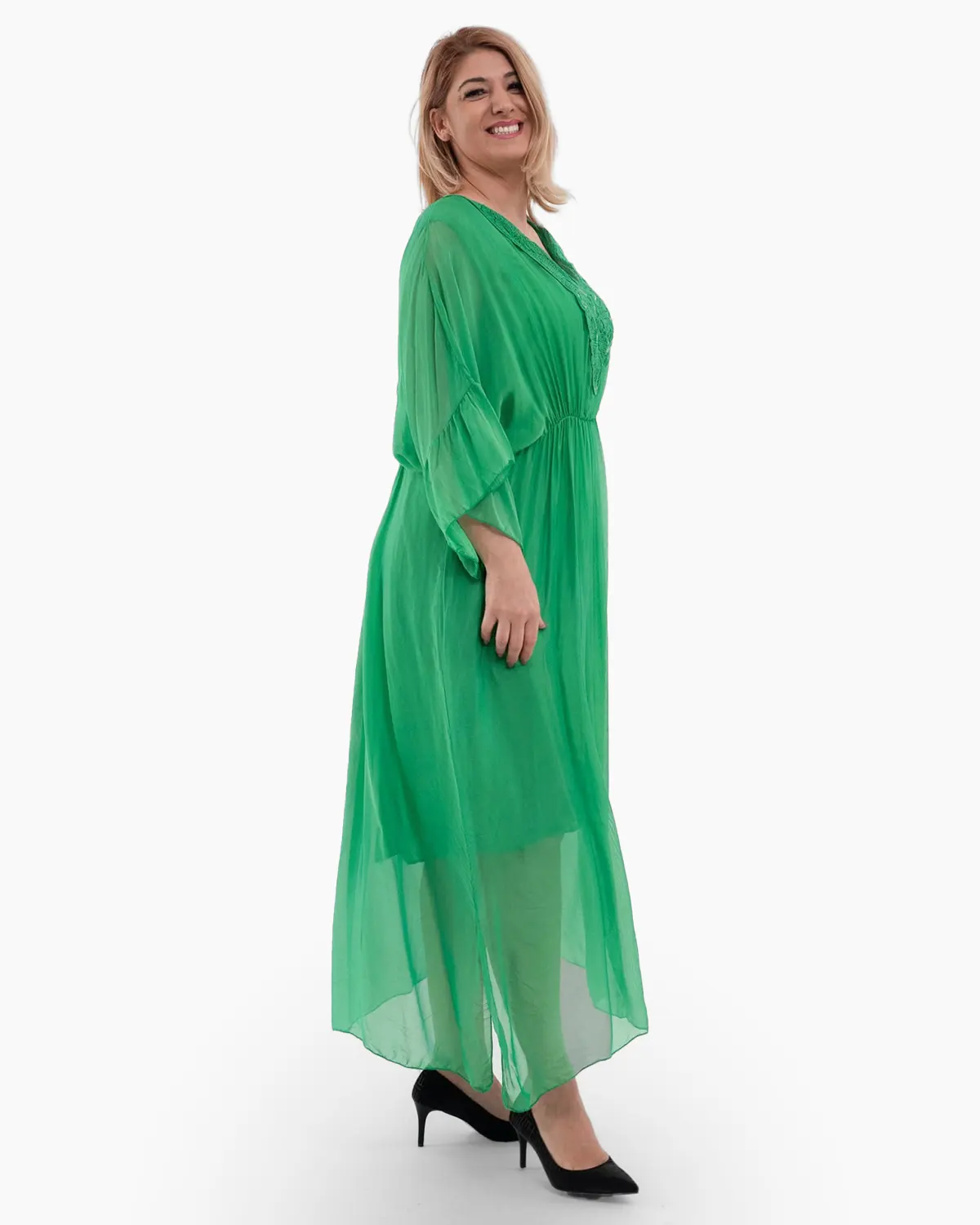 Rochie matase verde cu detalii decorative [2]