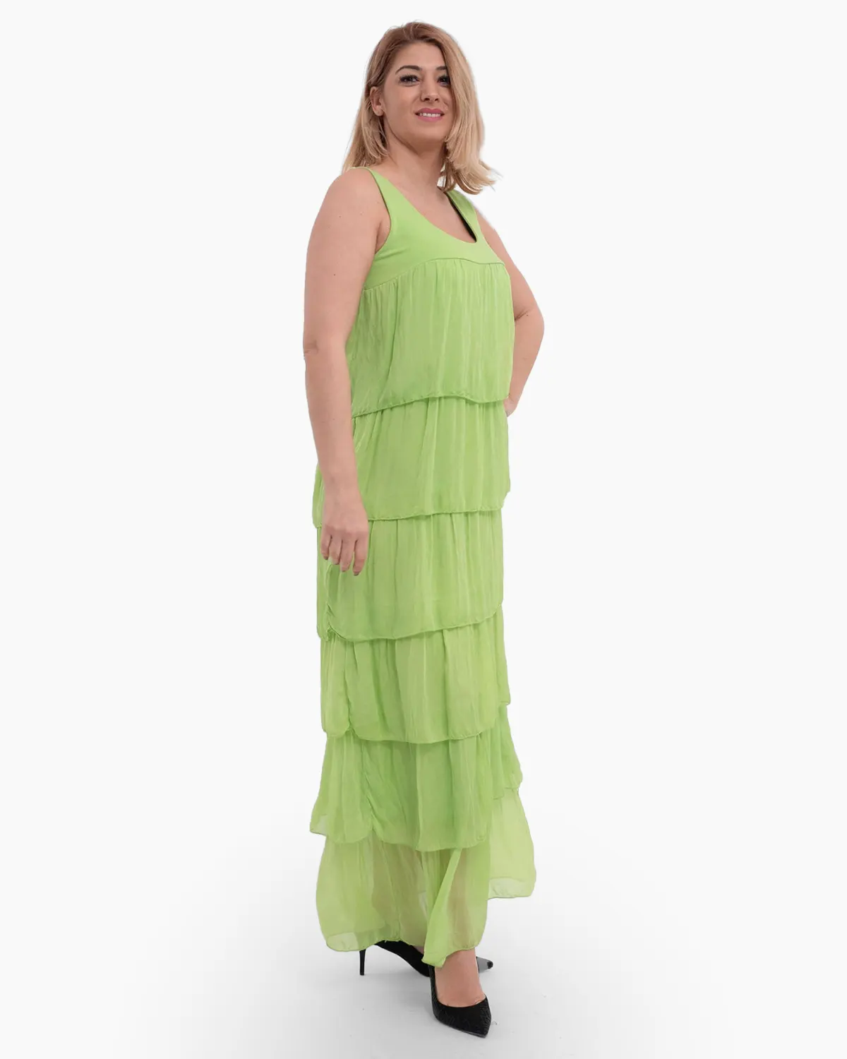 Rochii din Vâscoză - Rochie matase verde deschis, cu volane asimetrice