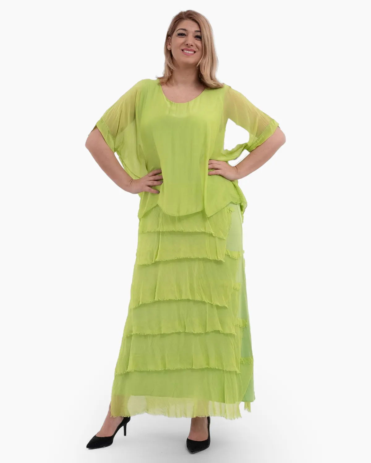 Rochii din Vâscoză - Rochie matase verde deschis cu volane si un overlay elegant