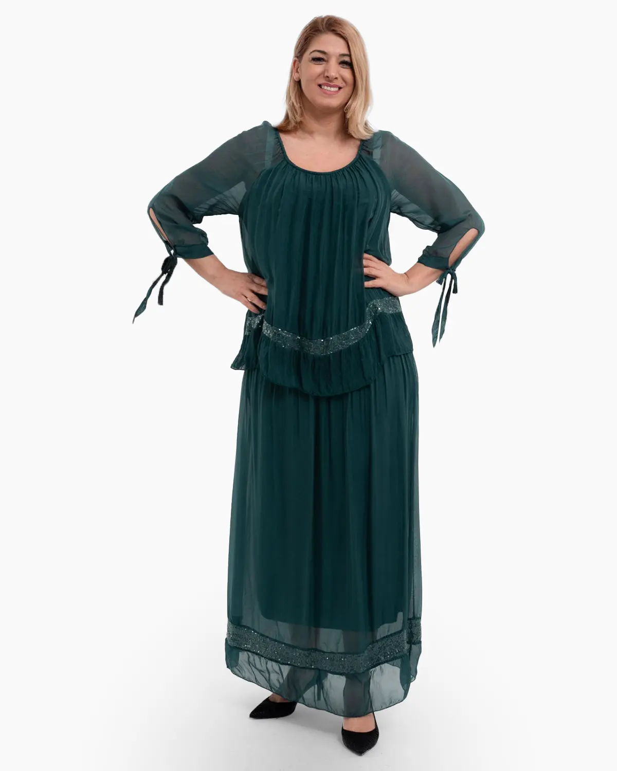 Rochii din Vâscoză - Rochie matase verde inchis din tesatura vaporosa si paiete discrete