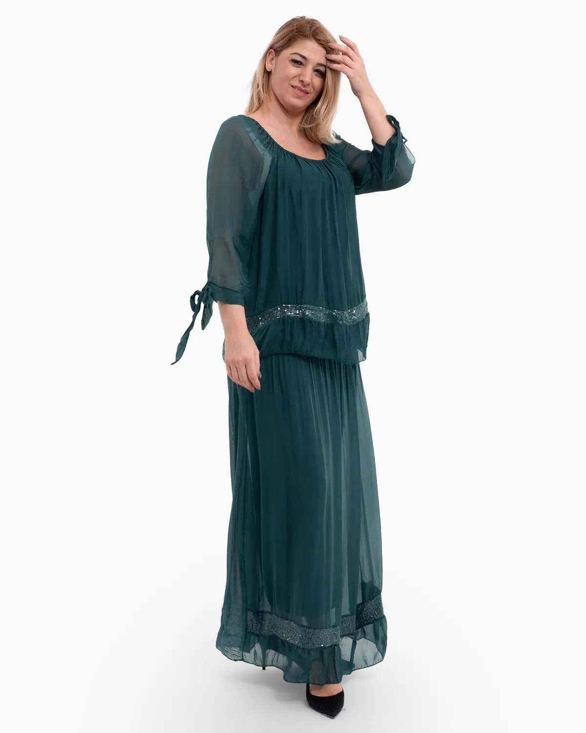 Rochie matase verde inchis din tesatura vaporosa si paiete discrete [2]