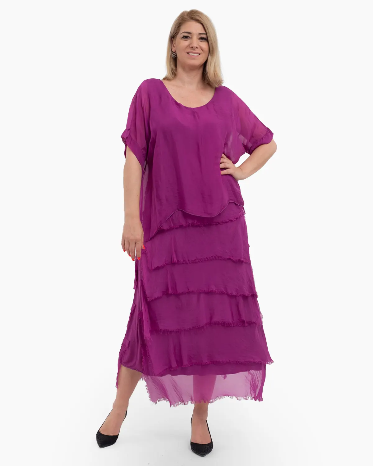 Haine damă - Rochie matase violet cu volane si un overlay elegant