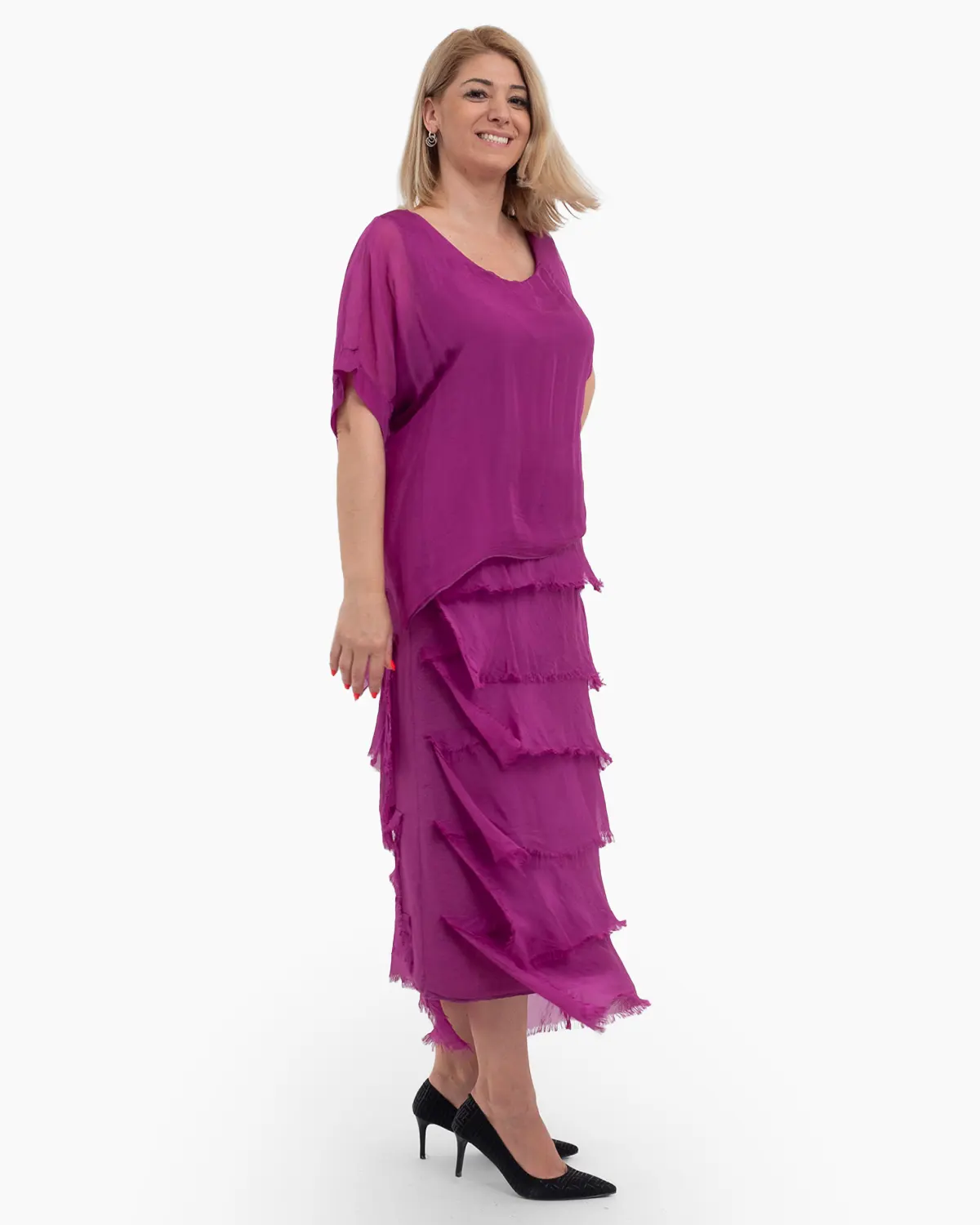 Rochie matase violet cu volane si un overlay elegant [2]