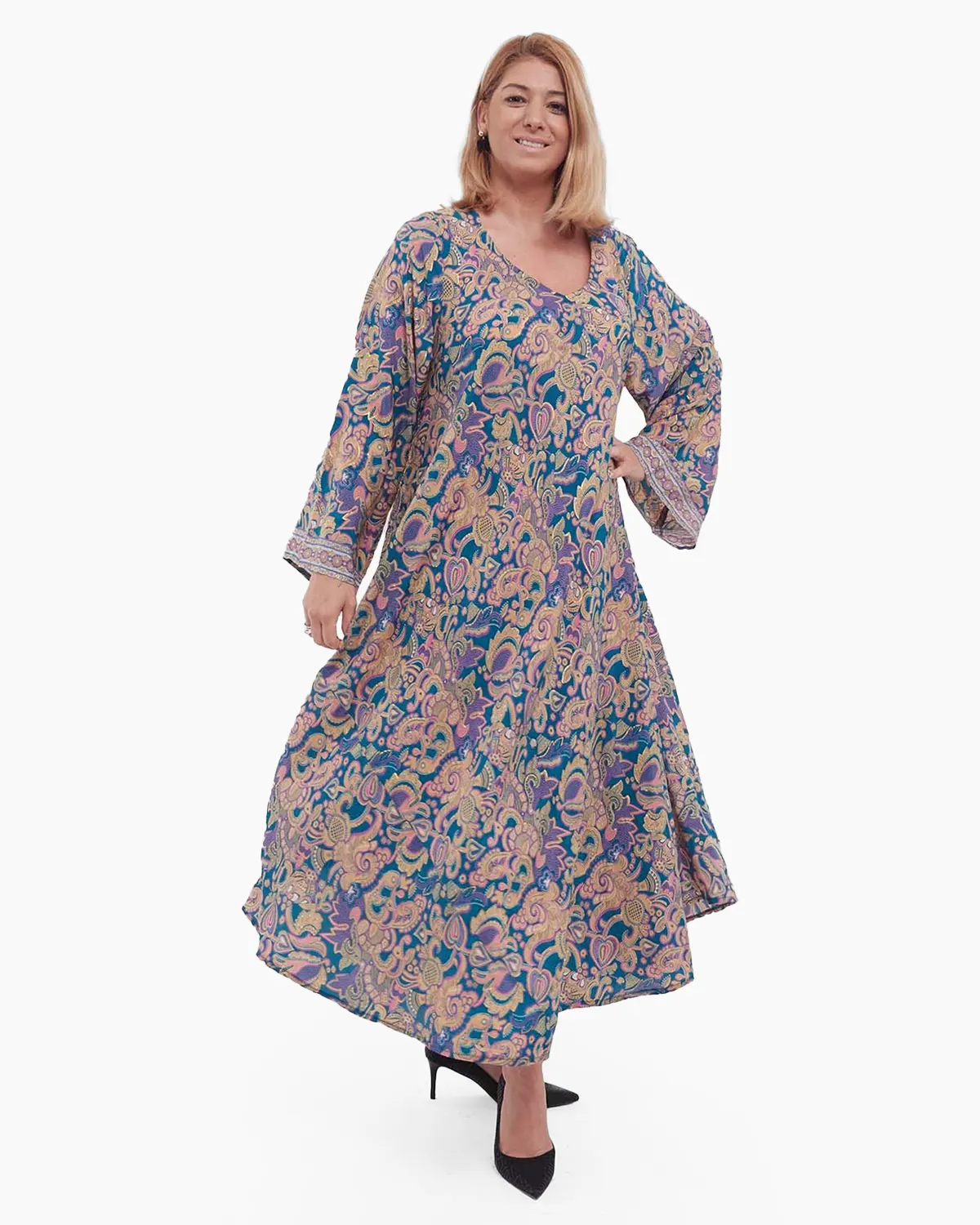 Rochie maxi albastră de mătase florală stil boho [2]