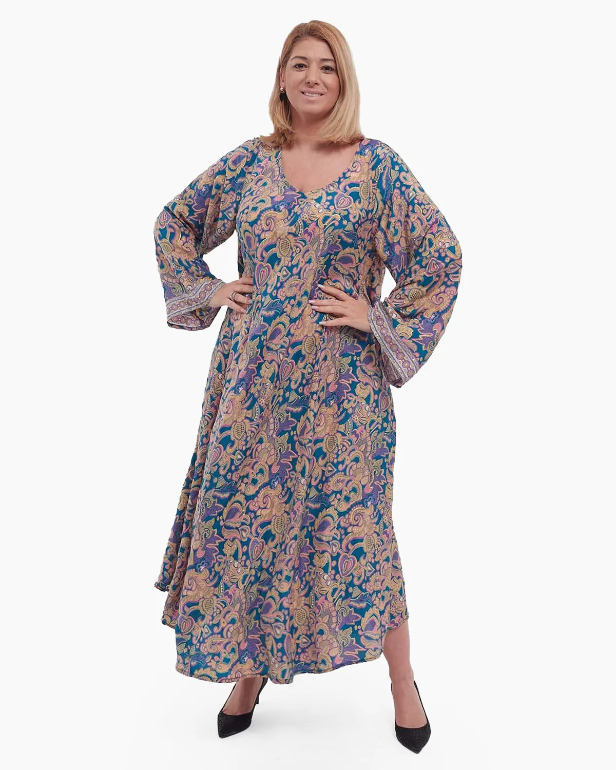 Rochie maxi albastră de mătase florală stil boho [3]