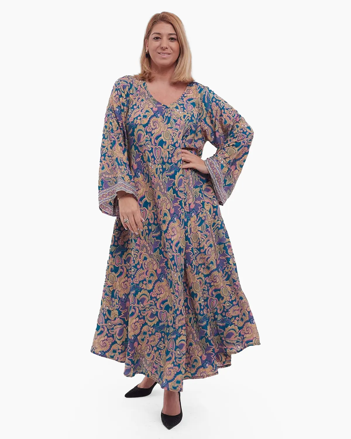Rochii din Mătase - Rochie maxi albastră de mătase florală stil boho