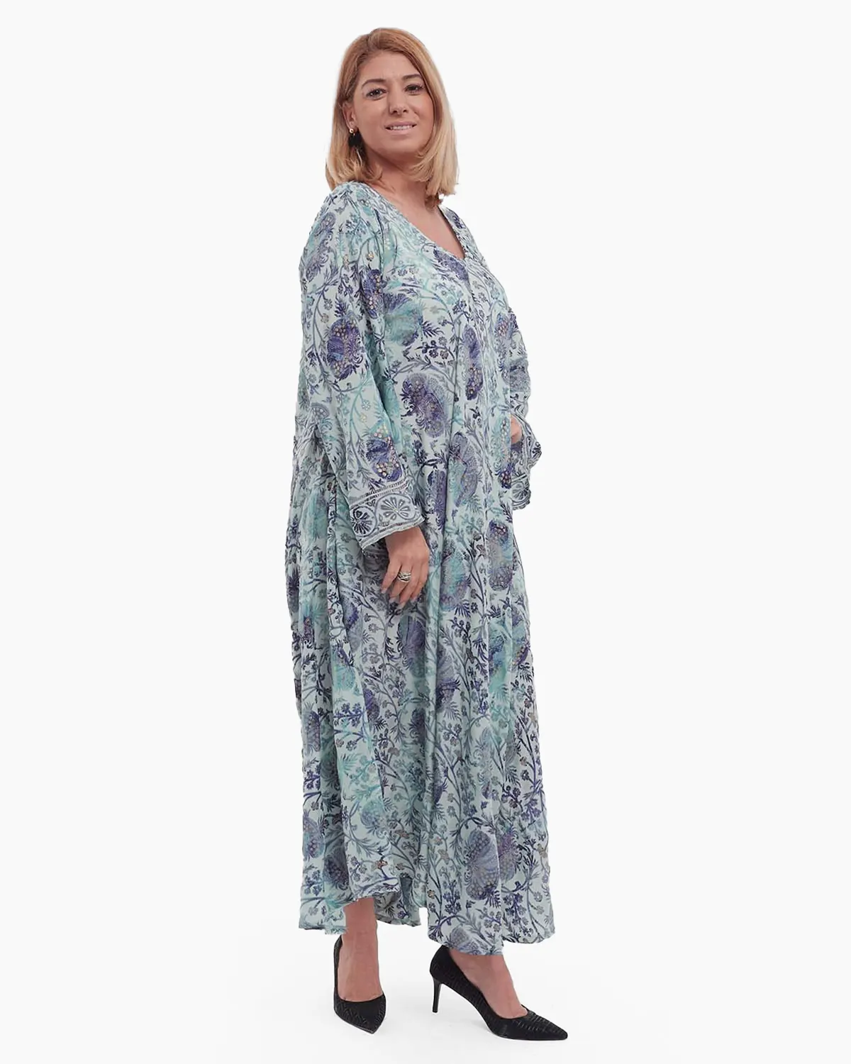 Rochie maxi bleu boho din mătase cu imprimeu floral [2]