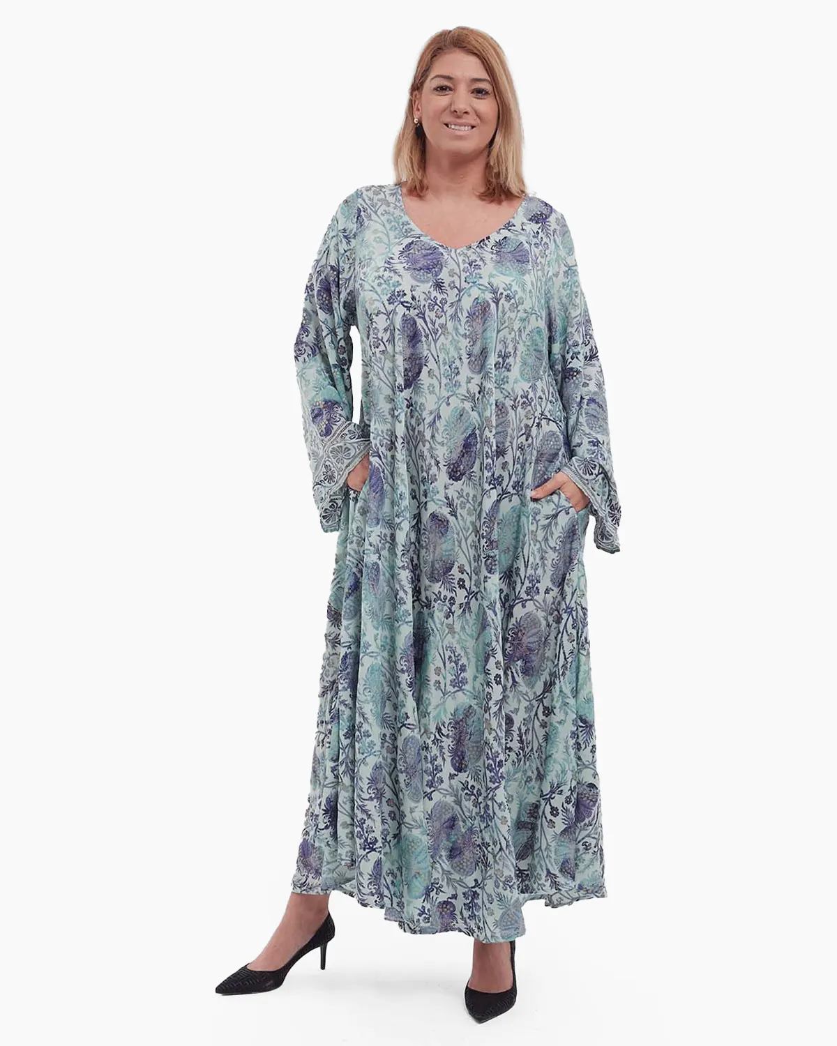 Rochii din Mătase - Rochie maxi bleu boho din mătase cu imprimeu floral