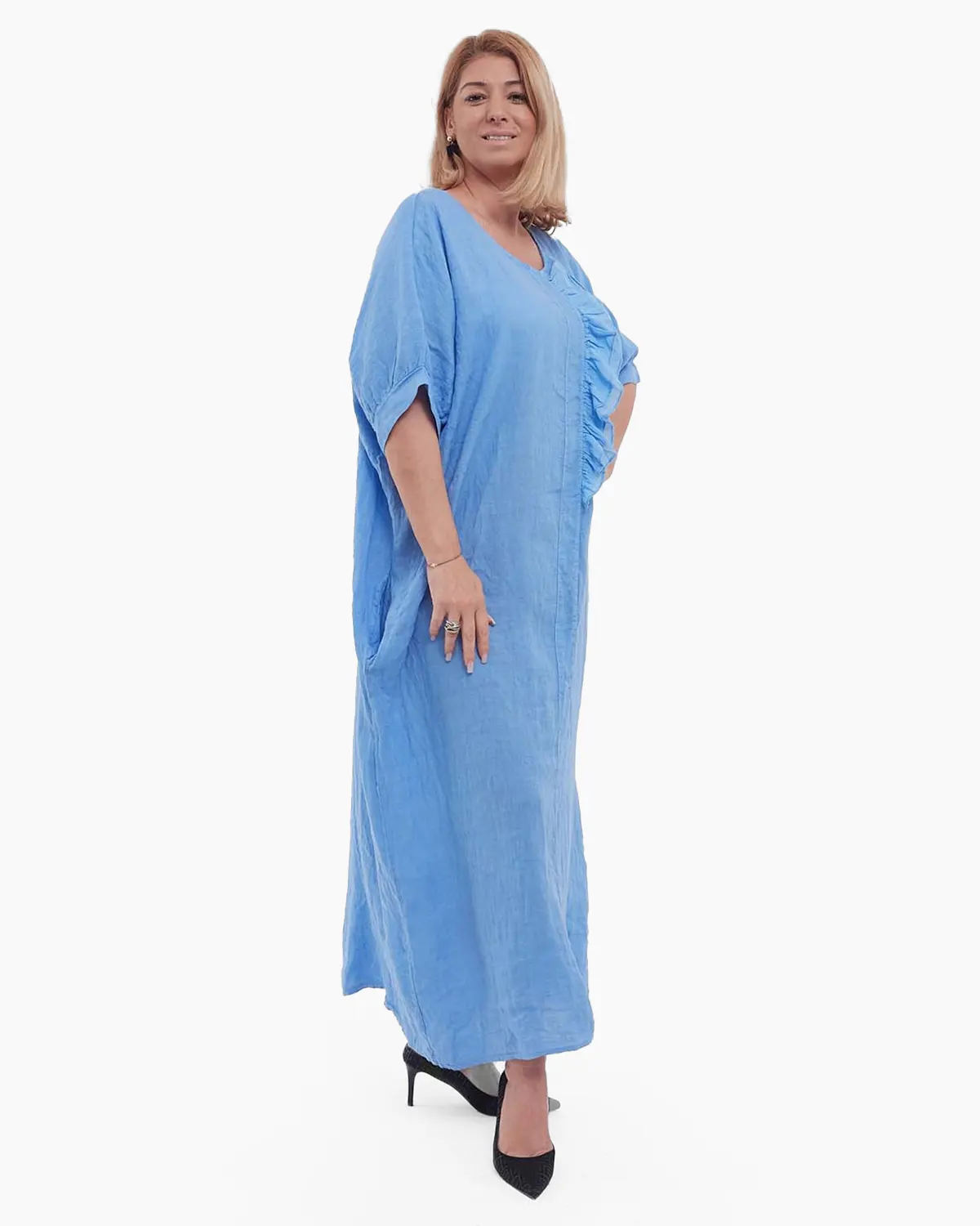 Rochie maxi bleu minimalistă din in cu volan [2]