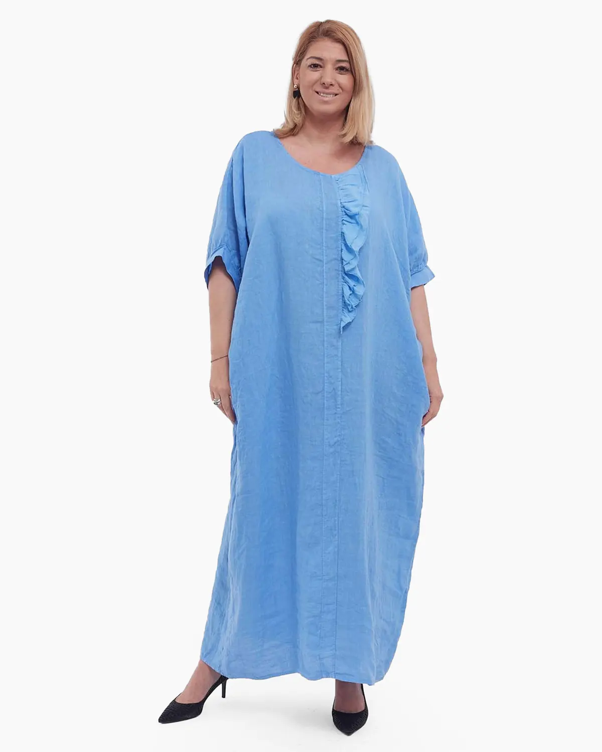 Mărimi mari - Rochie maxi bleu minimalistă din in cu volan