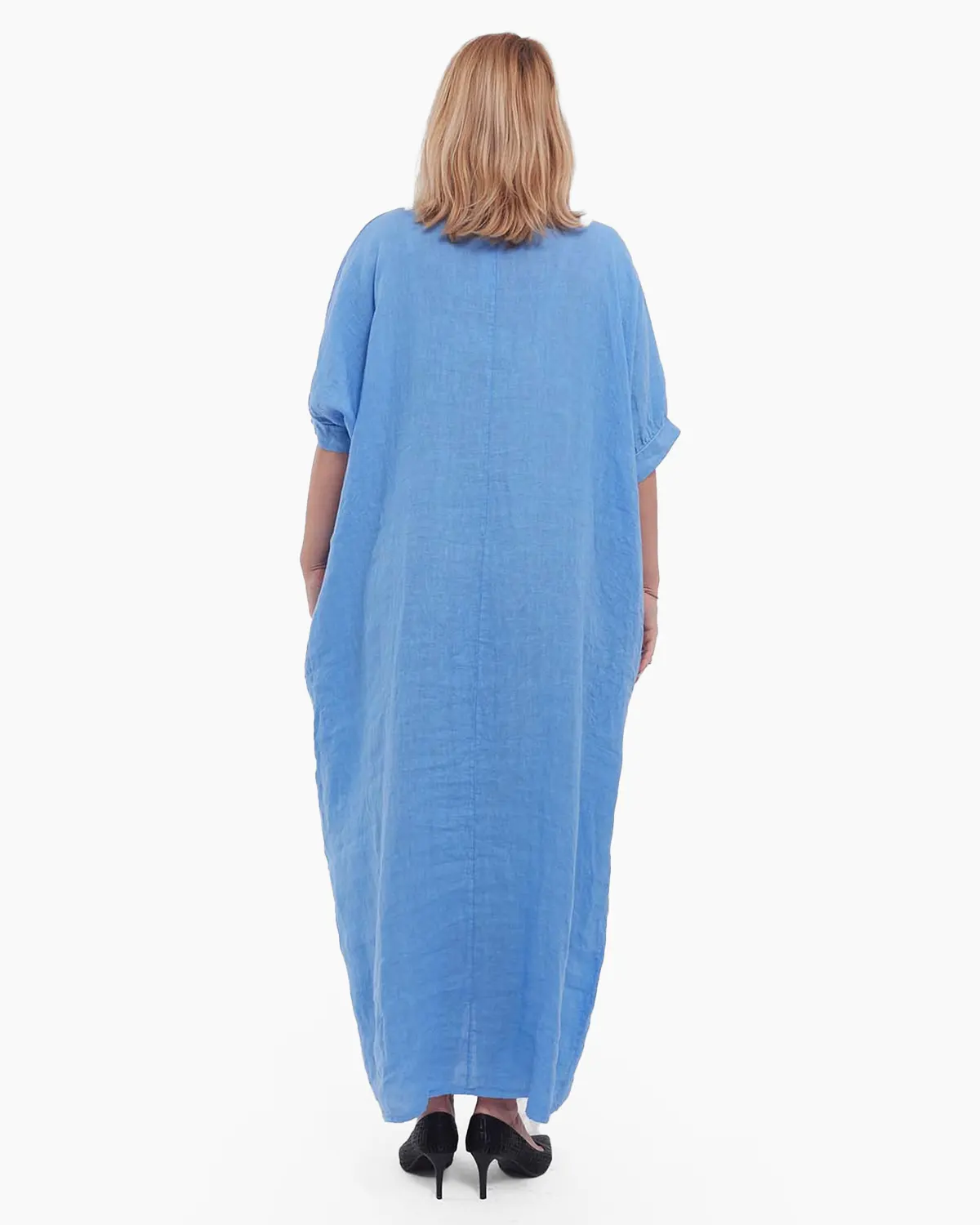 Rochie maxi bleu minimalistă din in cu volan [1]