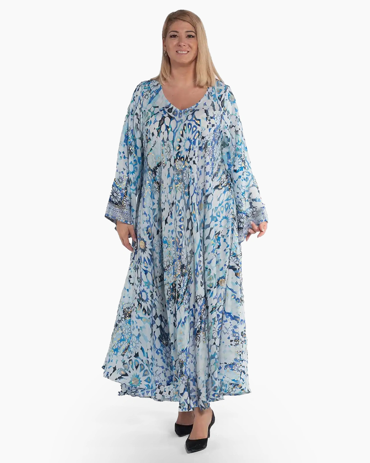 Rochii din Mătase - Rochie maxi boho albastră din mătase cu imprimeu arabesque